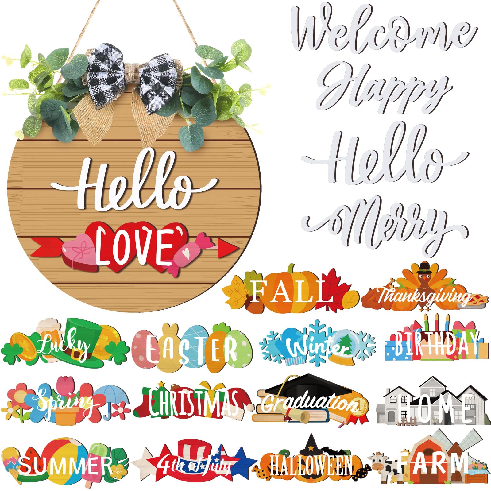 Burbell 20 Pcs Interchangeable Welcome Sign Valentines Day Interchangeable Wooden Seasonal Hello Sign Rustic Round Seasonal Wre