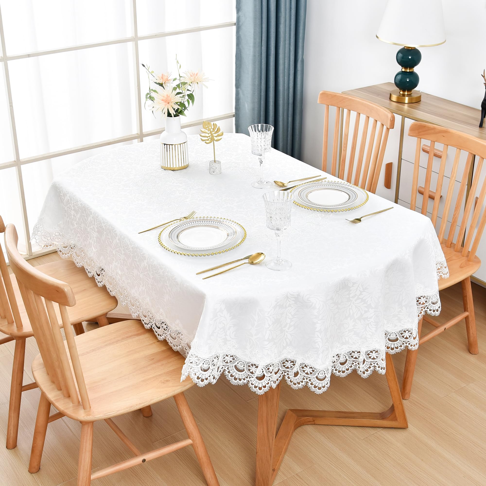 Elegant White Lace Jacquard Oval Tablecloth Tabletop Decoration Cover For Oval Tables Home Decoration 60 X 84 Inch