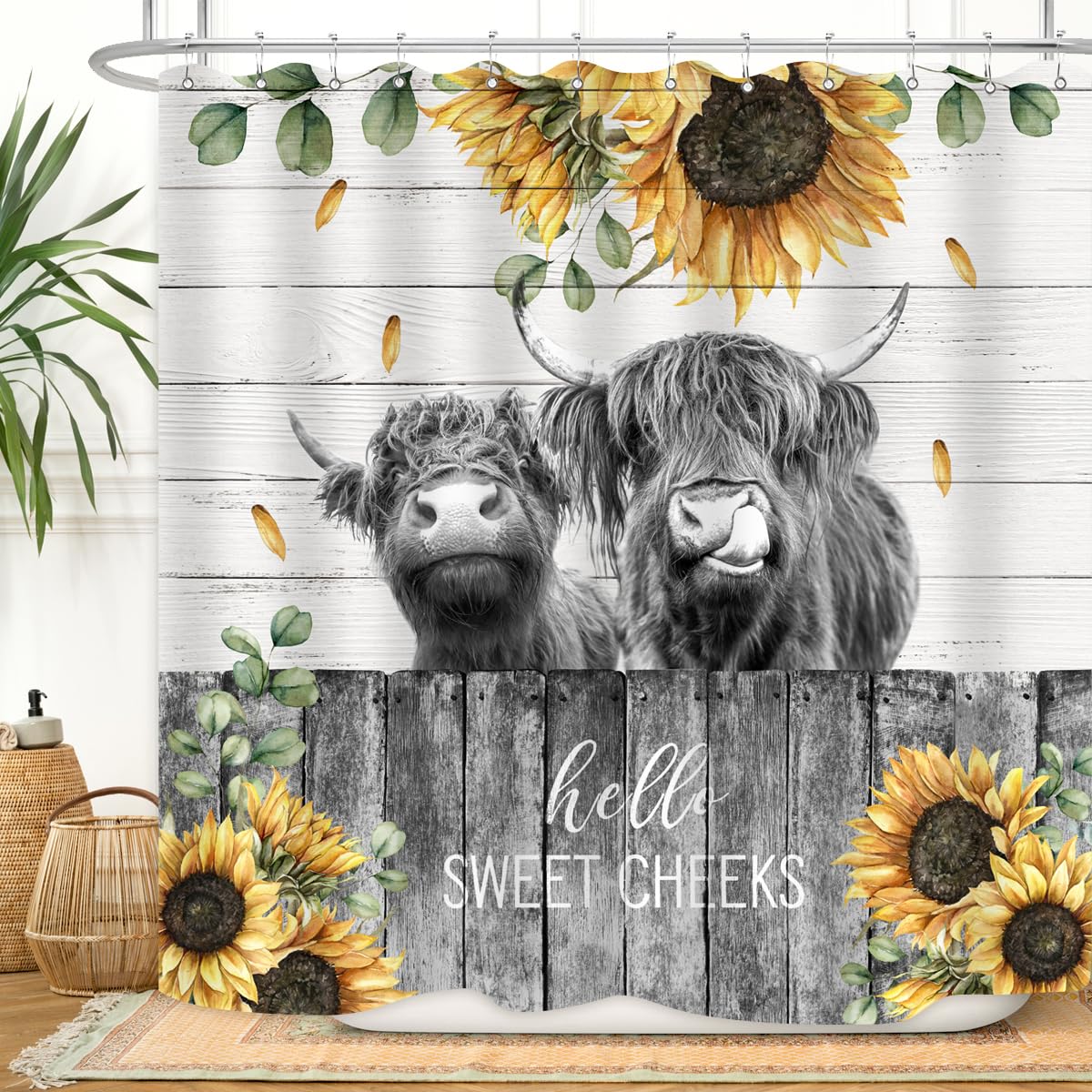 Zxmbf Farmhouse Highland Cow Shower Curtain Sunflower Funny Cattle Farm Western Wooden Fence Rustic Country Home Bathroom Decor
