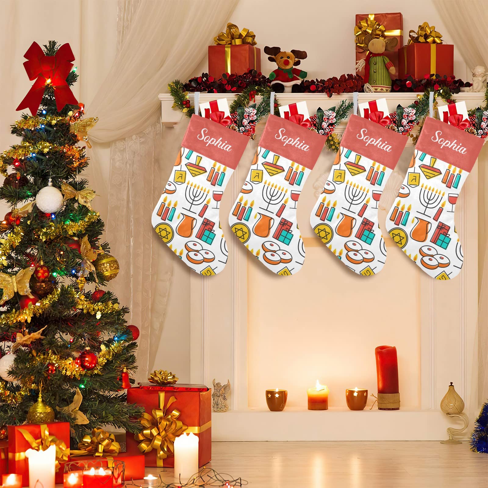 Hanukkah Seamless Pattern Christmas Stockings Custom Personalized Name Xmas Festive Gift Decor Family Party 17.52 x 7.87 Inch