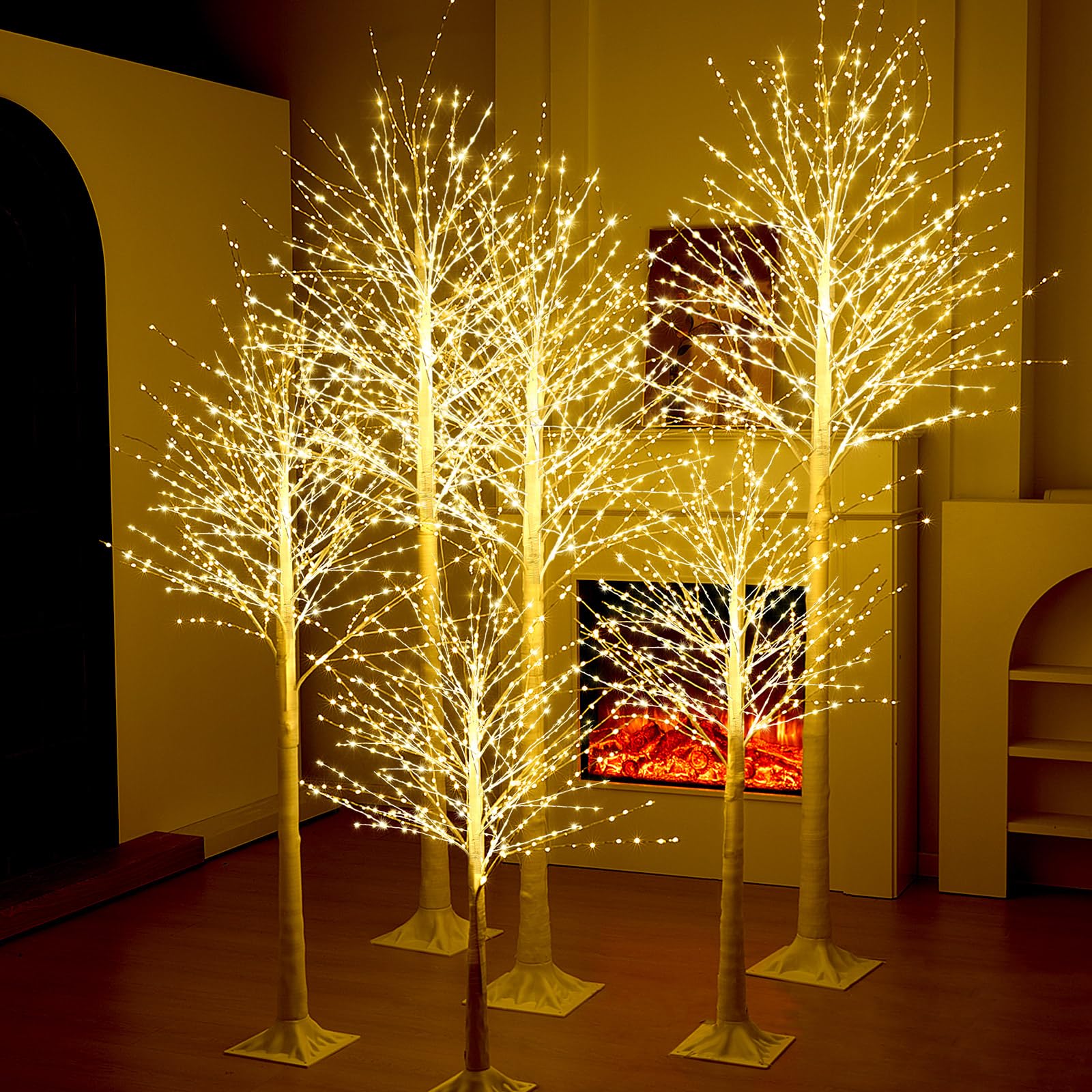 Baquler 6 Pack Lighted Birch Tree - 4 5 6 7 8 Large Christmas Warm-White LED 8 Mode Light Birch Tree Decoration Set for Tha