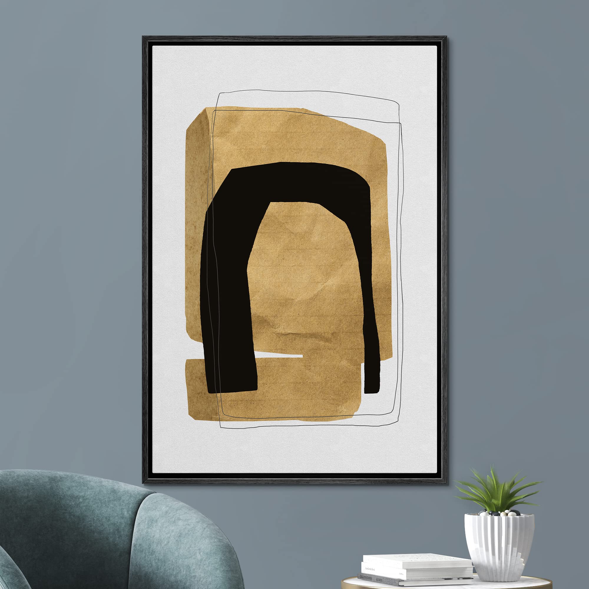 Signford Framed Canvas Print Wall Art Mid-Century Gold Geometric Polygons Abstract Shapes Illustrations Modern Art Decorative Bo