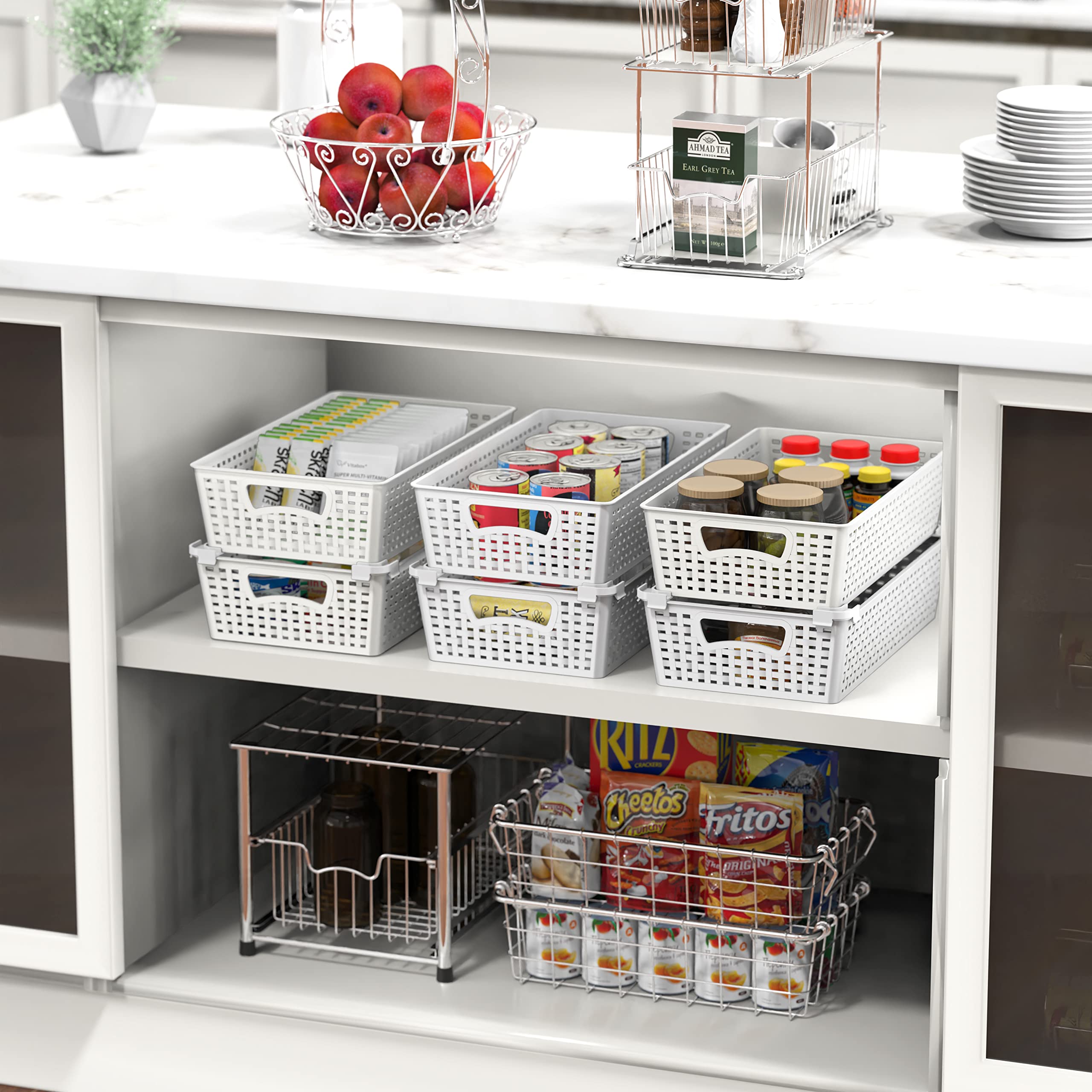 Simple Houseware Plastic Stackable Storage Basket Pantry Organizer, 6 Pack, 14.5'' X 8.5'' X 3.5'', White