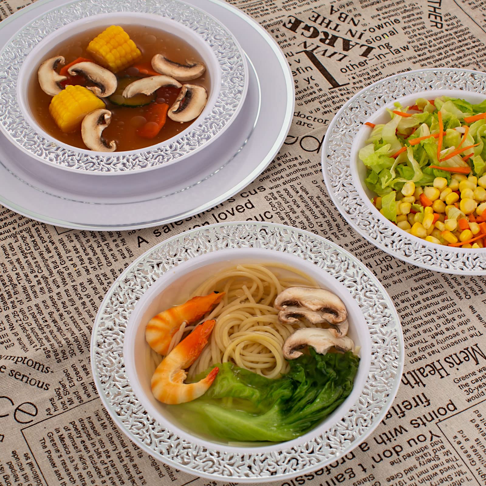 I00000 60 Plastic Soup Bowls 12 Oz, Silver Disposable Bowls, Lace Trim Dessert Salad Bowls For Wedding, Silver Bowls Plastic For