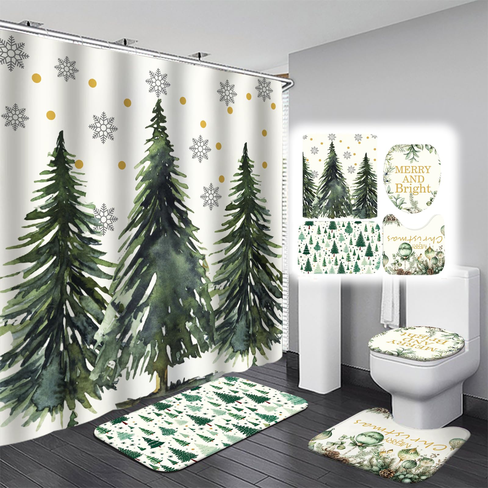Drydiet 4 Pcs Christmas Shower Curtain Set Bathroom Non Slip Rugs Toilet Lid Cover Mat Shower Curtain For Xmas Home Decor(Green 