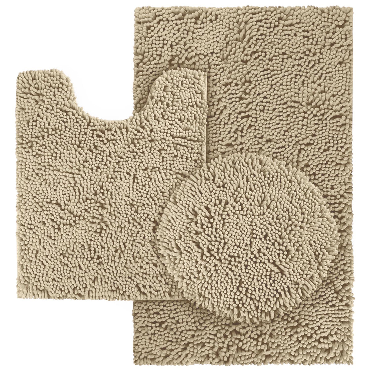 Homeideas 3 Pieces Beige Bathroom Rugs Set, Ultra Soft Non Slip Bath Rug And Absorbent Chenille Bath Mat, Includes U-Shaped Cont