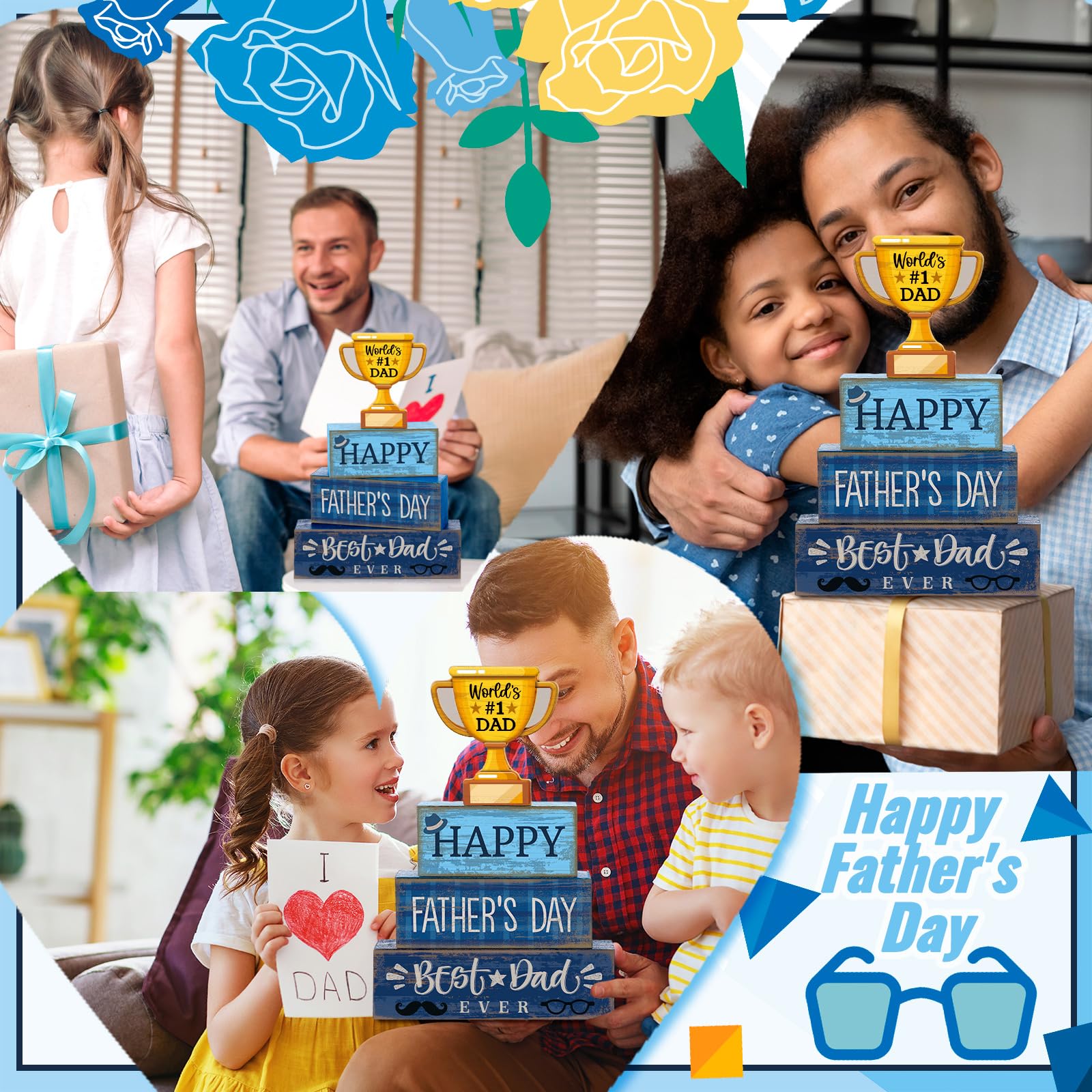 Yuntau 4 Pcs Father s Day Decorations Happy Father s Wooden Tabletop Tiered Tray Decor Rustic Best Dad Ever Trophy Wood Block Ta