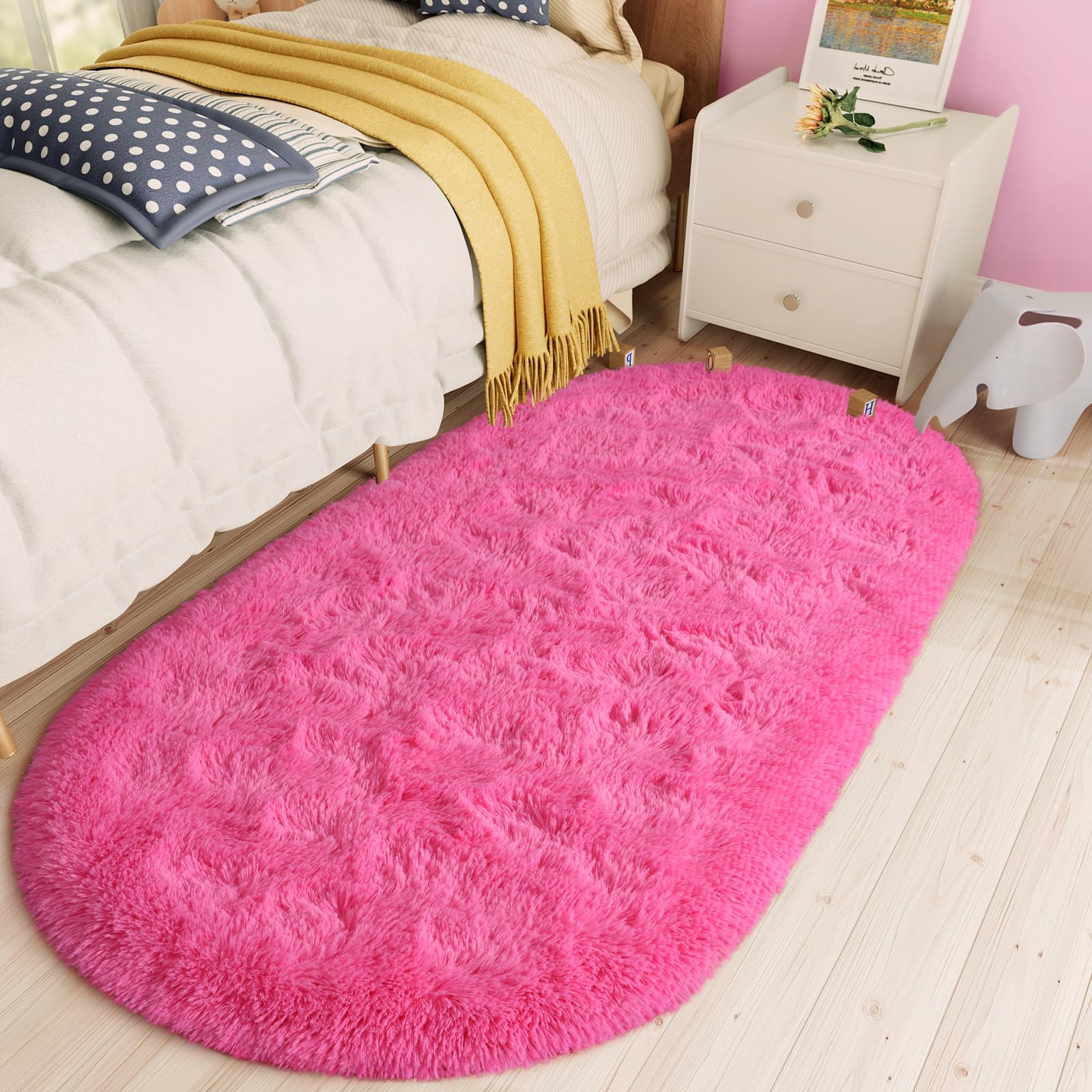 LOCHAS Fluffy Hot Pink Bedroom Rug 2.6 x 5.3 Feet, Shaggy Area Rugs for Bedroom Bedside Girls Kids Room, Soft Oval Throw Rugs Ca