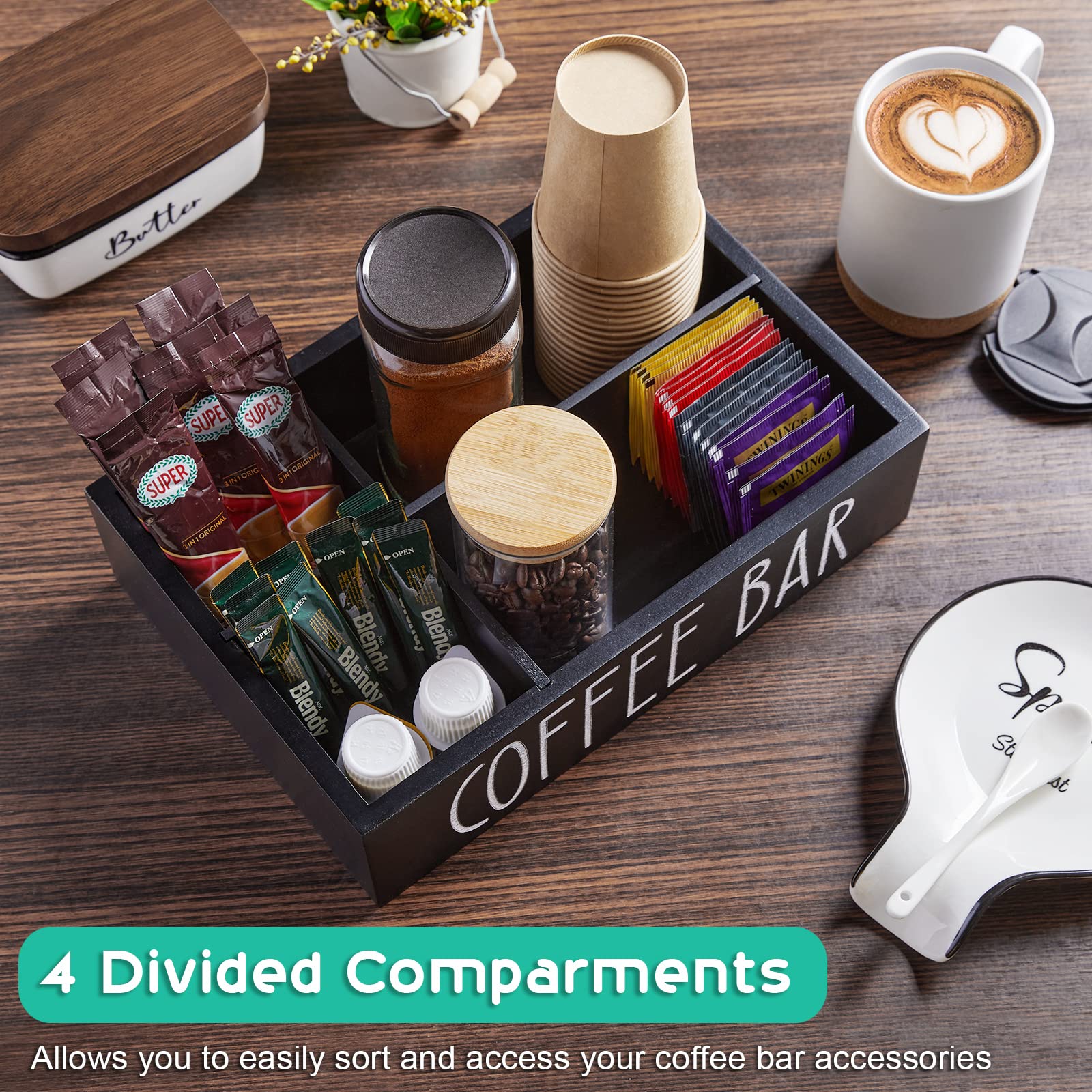 Alelion Coffee Station Organizer With Removable Dividers - Wood Bar Accessories Organizer For Countertop - Pod Holder Basket For