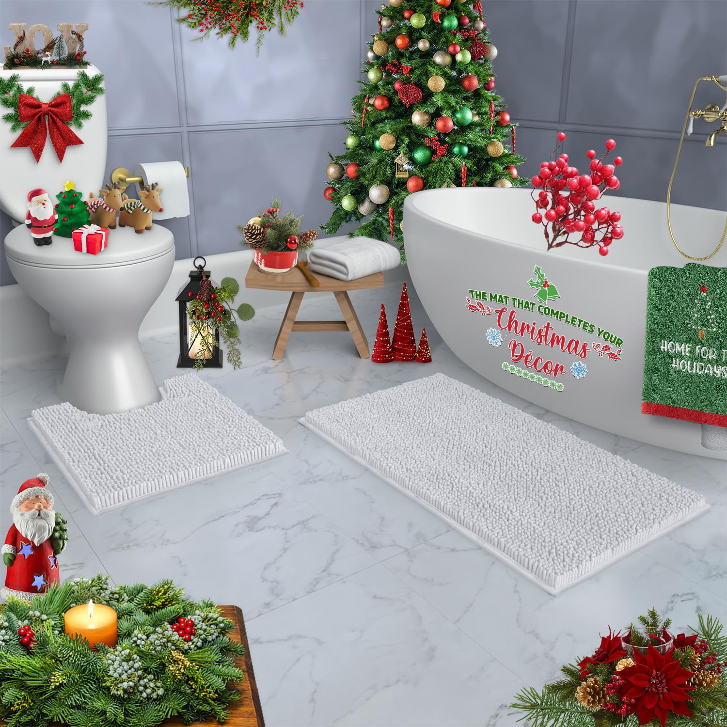 Luxurious 2-Piece Bathroom Rug Set In White: Chenille Bath Mat + U-Shaped Toilet Mat, Plush Anti-Slip Design, Microfiber Shaggy