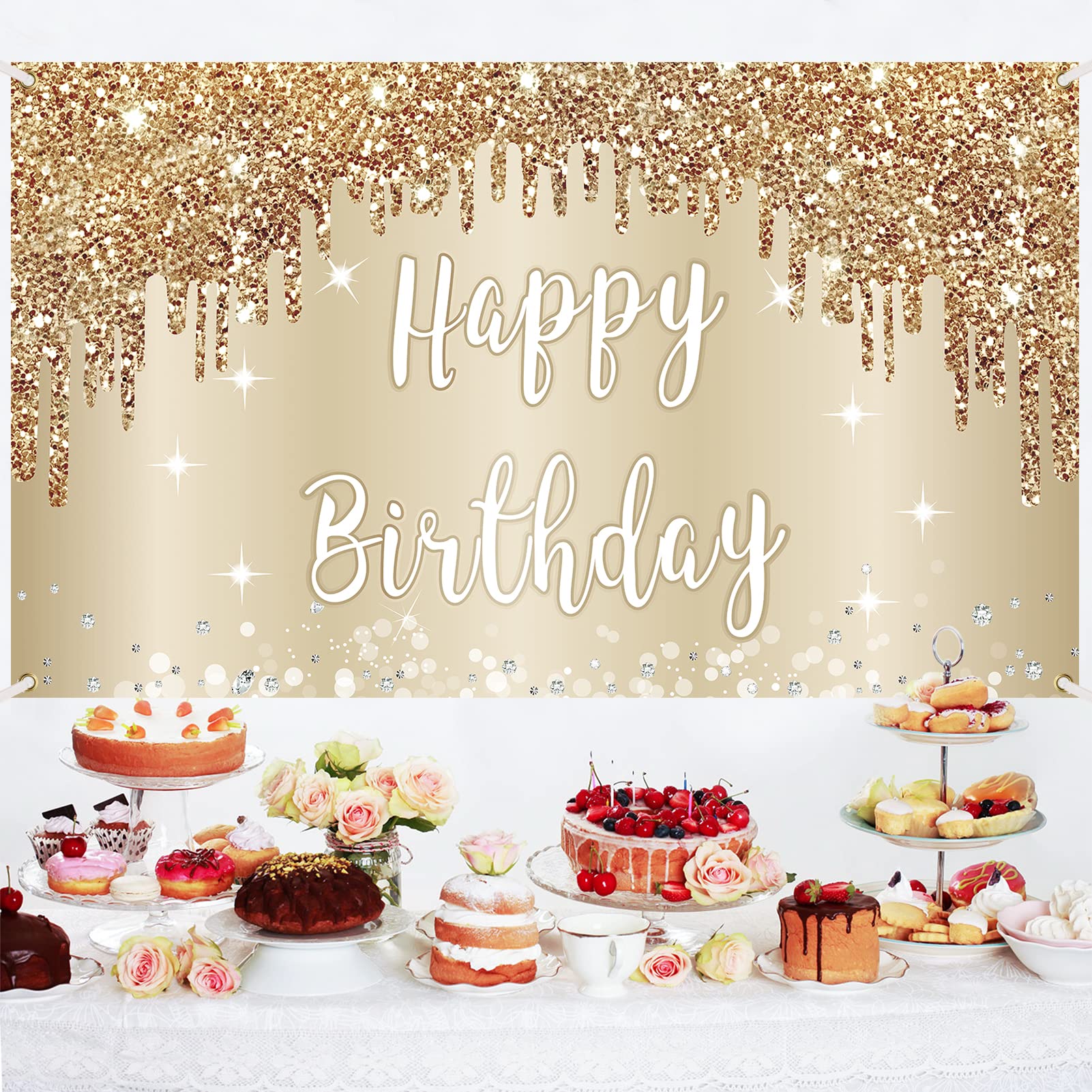 Gold White Happy Birthday Banner Decorations For Women Girls, Gold Glitter Happy Birthday Backdrop Party Supplies, 16Th 18Th 21S