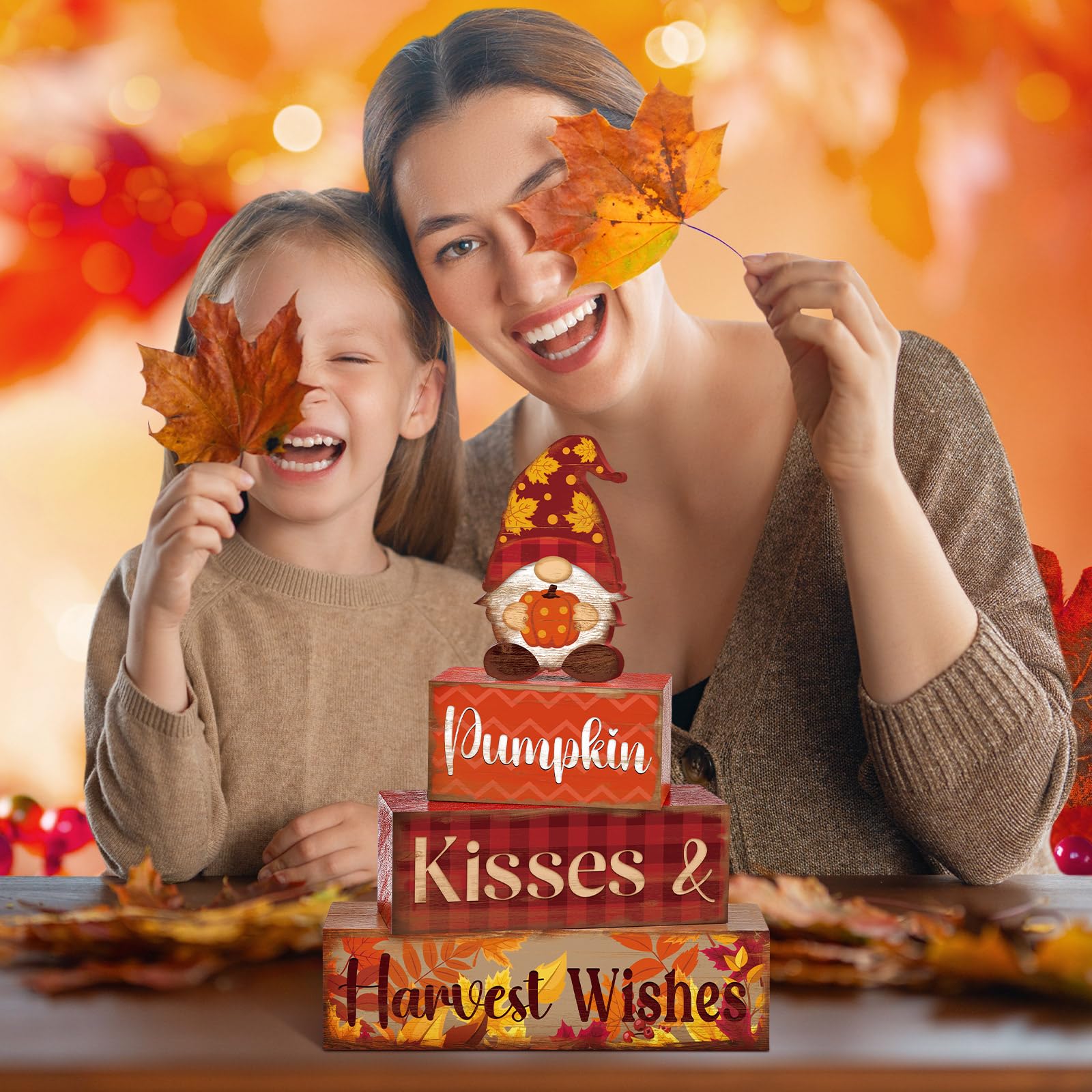 4 Pcs Fall Thanksgiving Decor for Home Gnomes Wooden Signs with Sayings Fall Gnomes Tiered Tray Decor Autumn Harvest Tabletop Ce