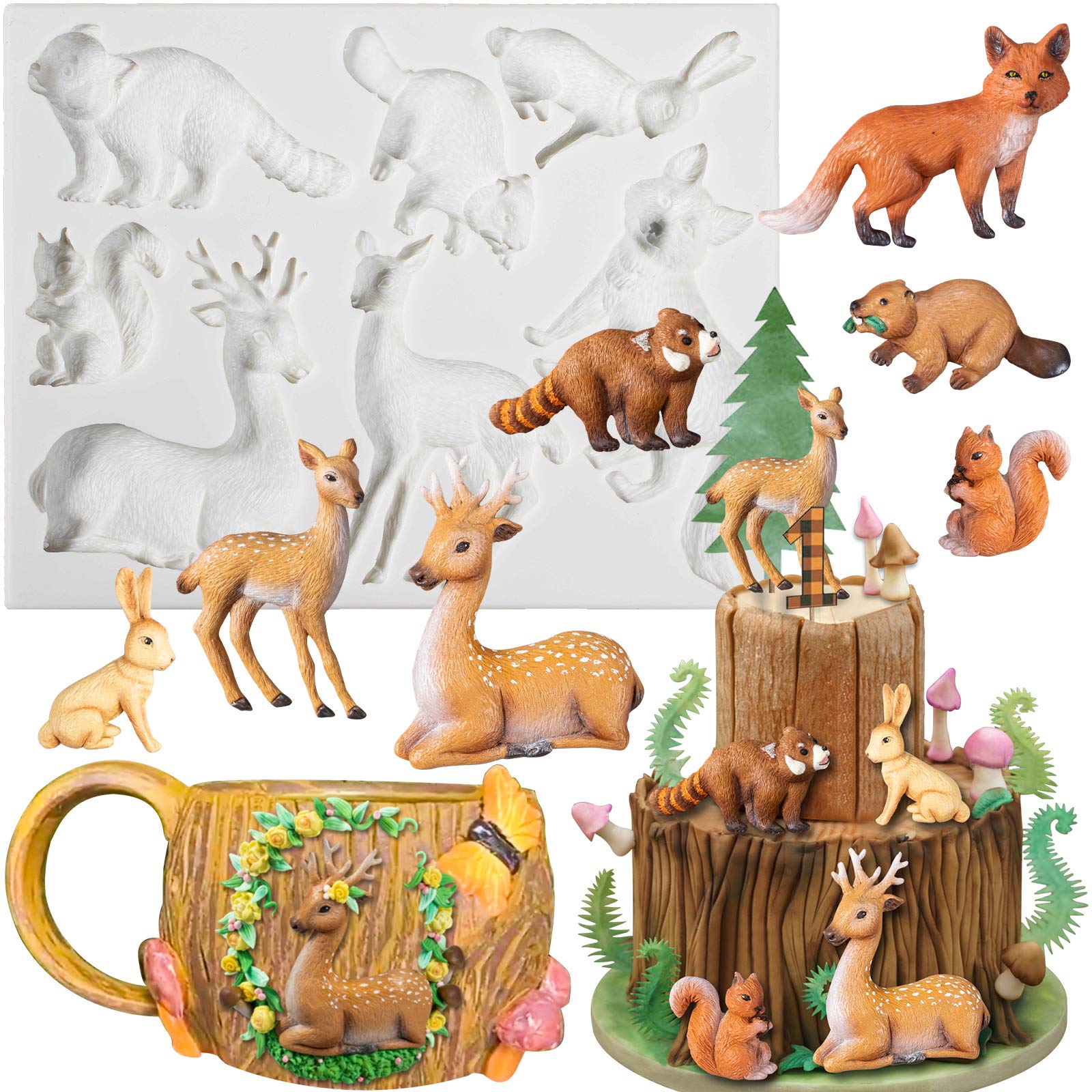 Woodland Animal Fondant Silicone Mold Fox Squirrel Rubbit Raccoon Beaver Elk Sika Deer For Sugarcraft Cake Decorating Cupcake To