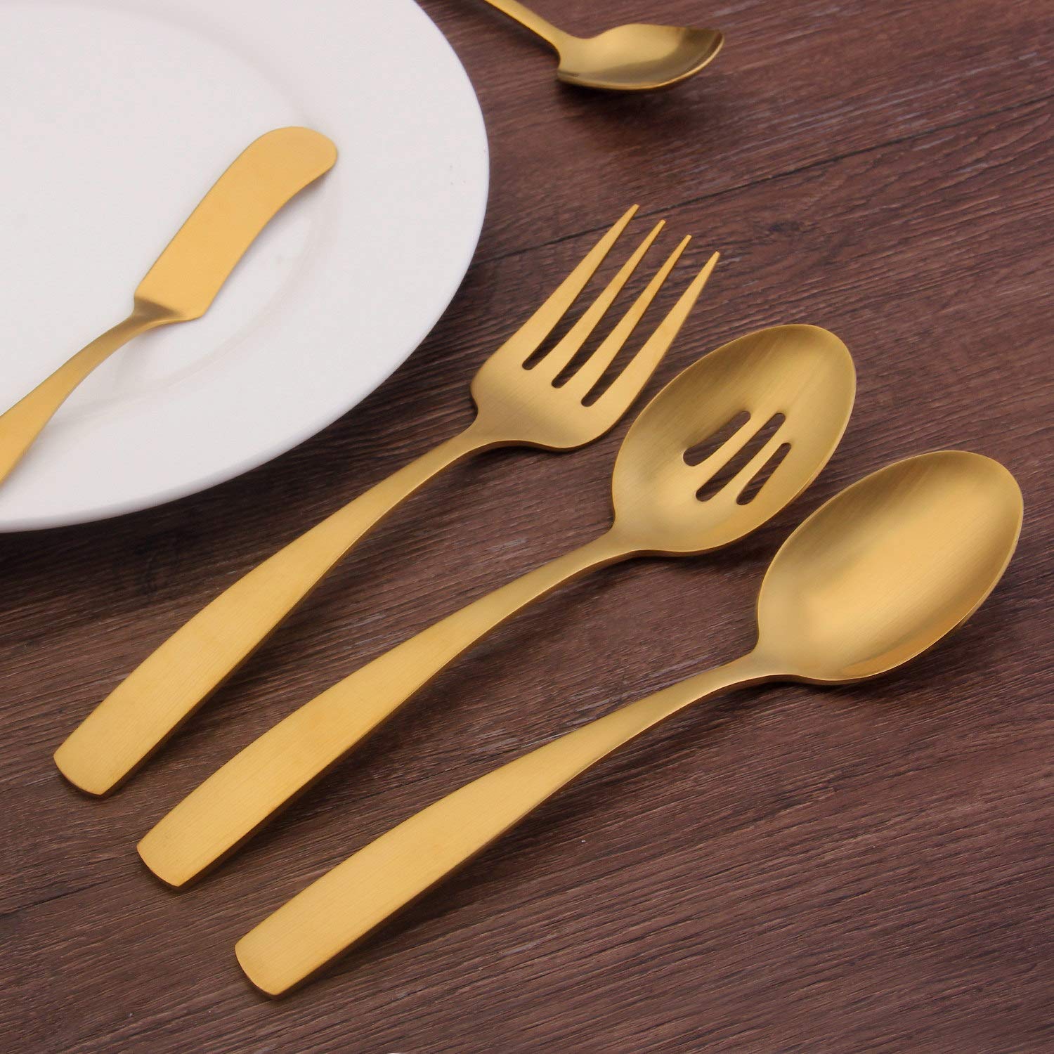 O.C.E. 5-Piece Matte Gold Serving Flatware Silverware Set, Utensil Set Of Stainless Steel, Satin Finish, Hostess Tableware Servi