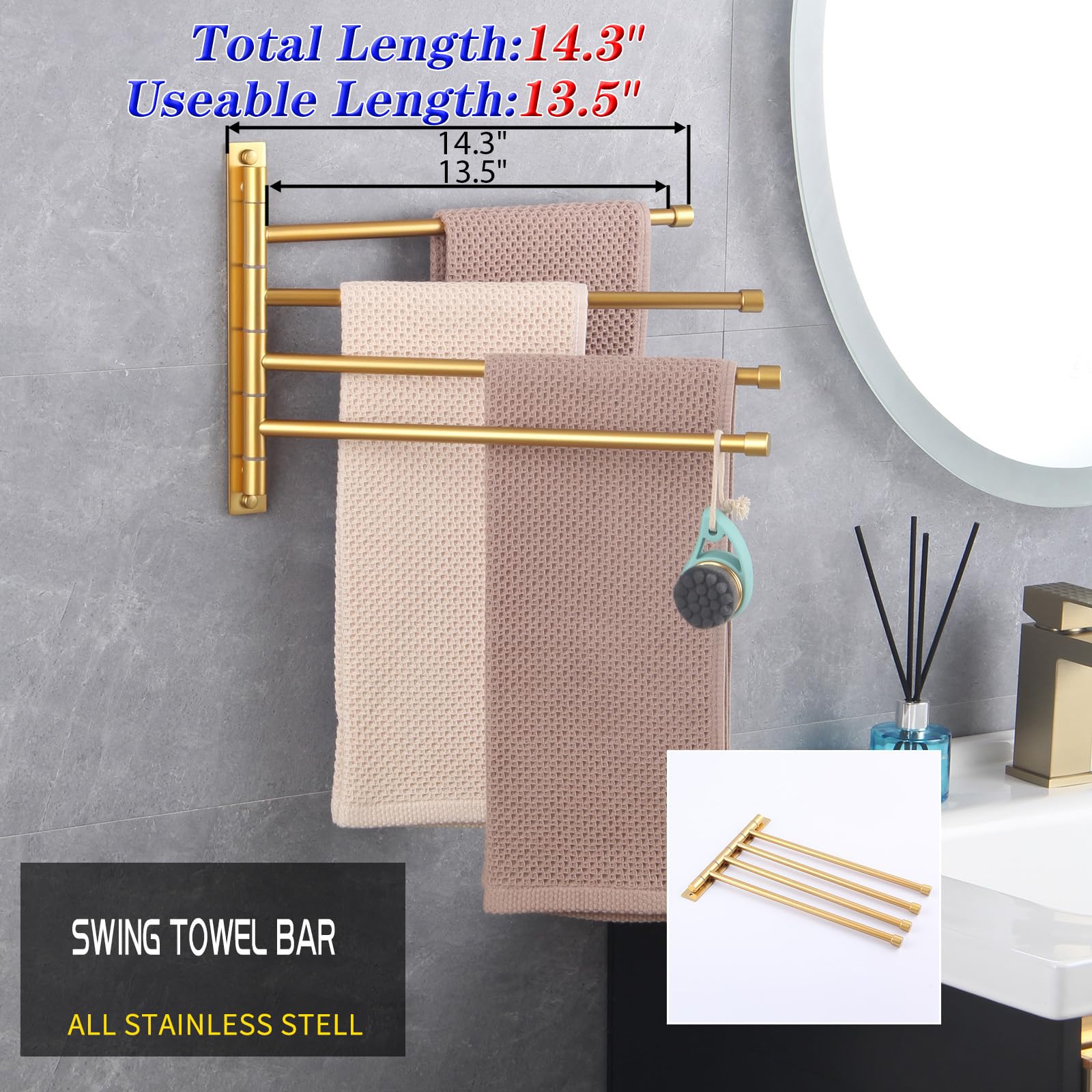 Gerzwy Wall Mount Bath Towel Rack With 4 Arms Hanger Towel Holder Bathroom Swing Arm Towel Bars Organizer Stainless Steel Gold F