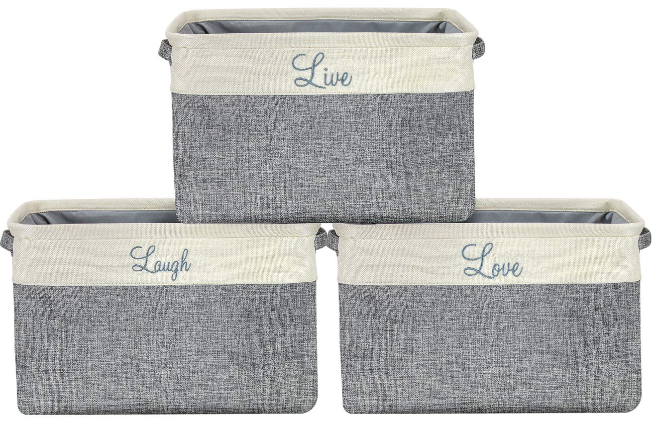Sorbus Fabric Storage Cubes 15 Inch, 3 Pack, Grey, Jute And Cotton, Rectangular Baskets With Script Text, Foldable Storage Bins
