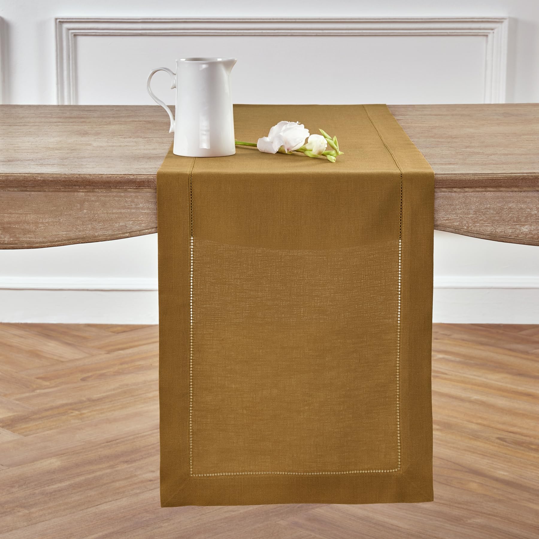 Solino Home Linen Brown Sugar Table Runner 36 Inch - 100% Pure Linen Classic Hemstitch Short Table Runner 14 X 36 Inch Ideal For
