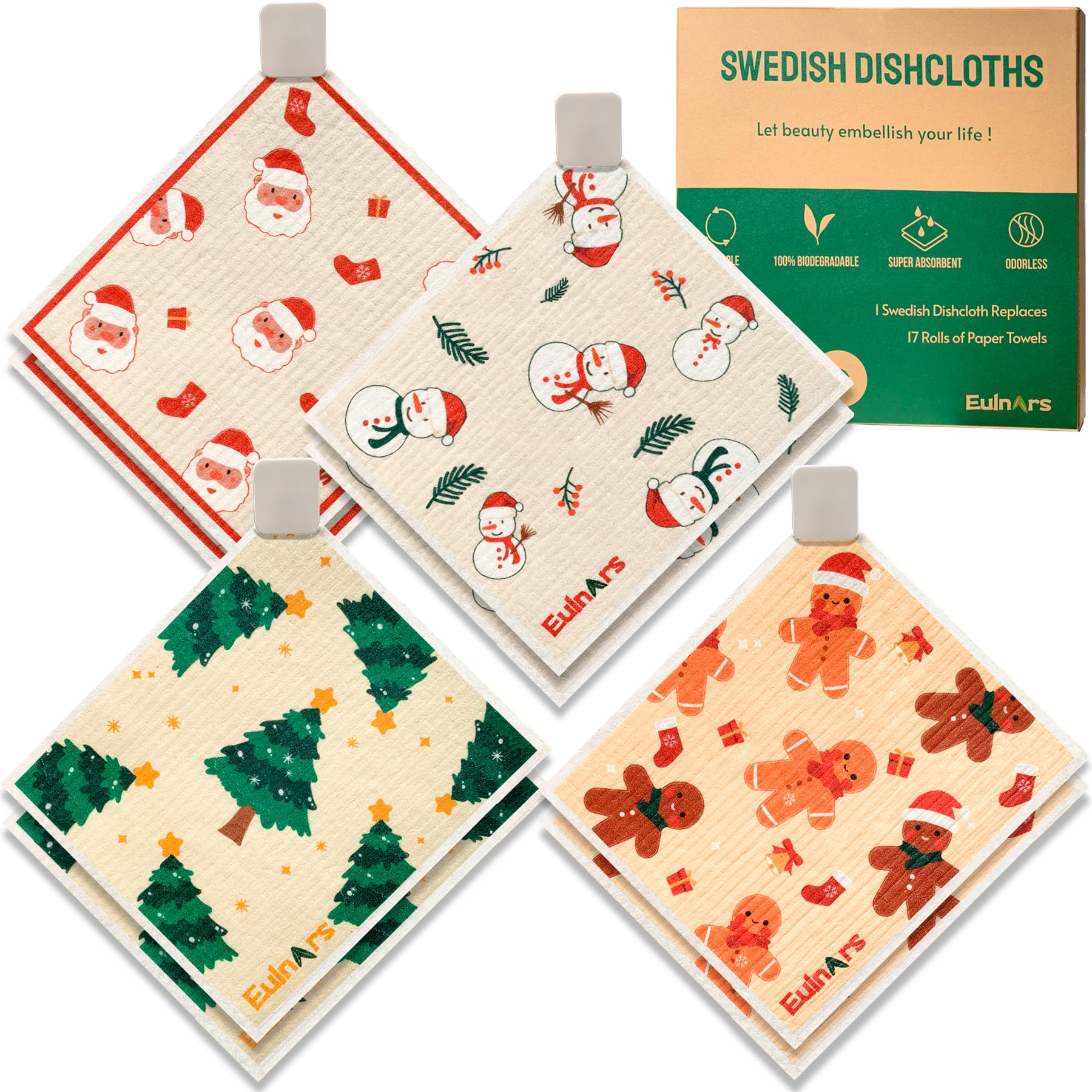 Eulnars Reusable Paper Towels, Christmas Swedish Dishcloths for Kitchen 8-Pack, Non-Scratch Swedish Dish Towels, Super Absorbent
