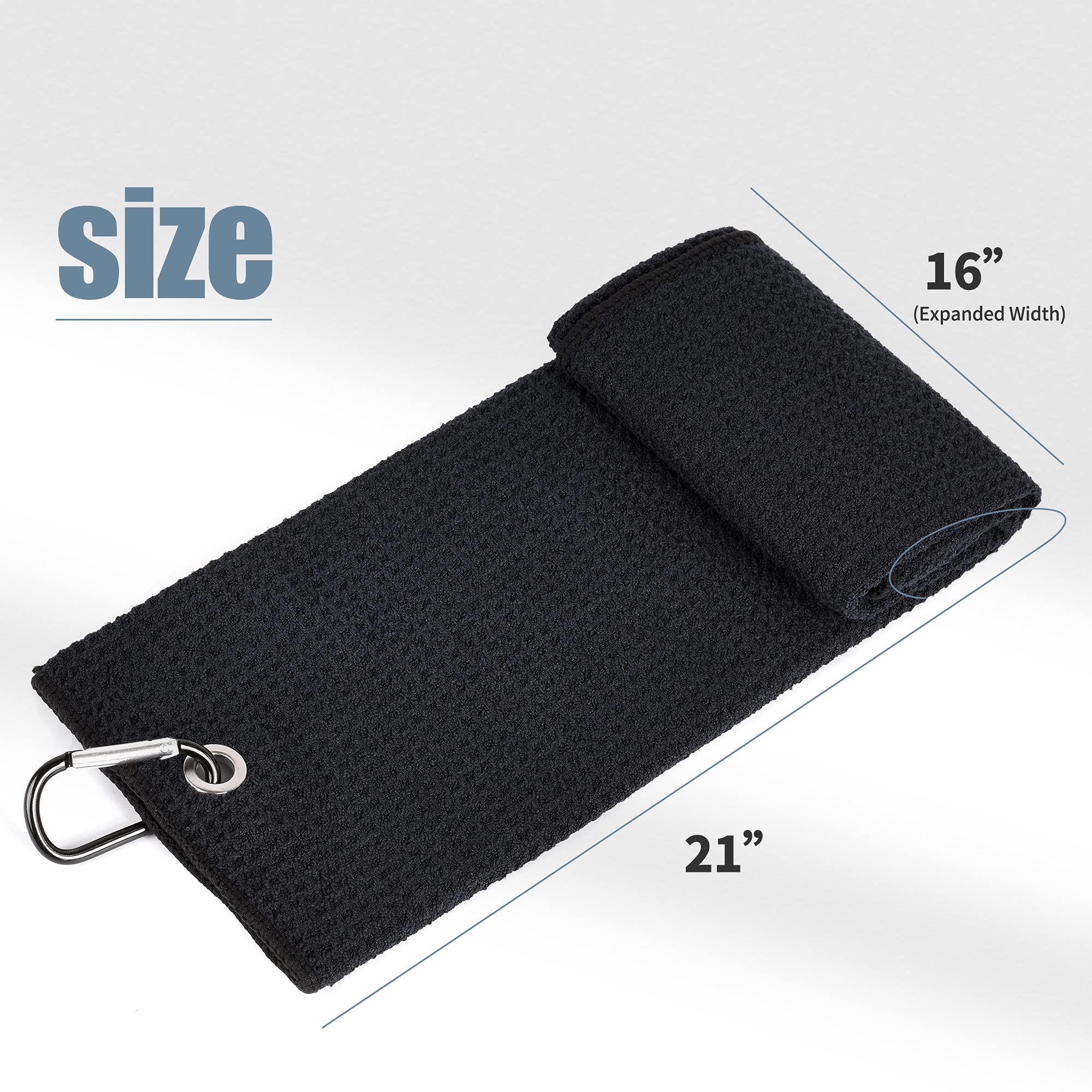 Mile High Life Tri-fold Golf Towel  Premium Microfiber Fabric  Waffle Pattern  with Heavy Duty Carabiner Clip  Black Golf Towel for Men and Women  16x21 (Black)