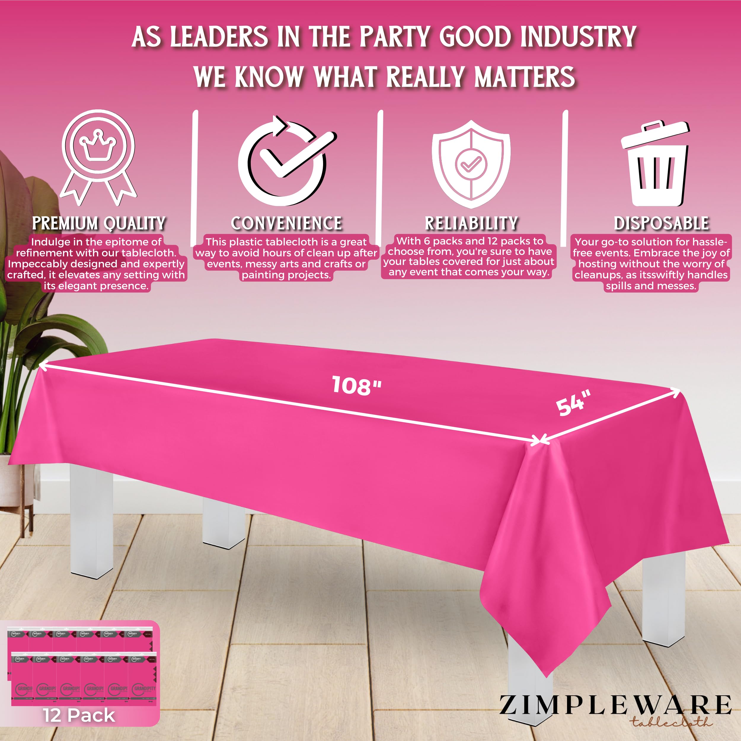 Zimpleware Premium Hot Pink Plastic Table Cloth Disposable (12 Pk) Plastic Tablecloths For Rectangle Tables (54In X 108In) Party