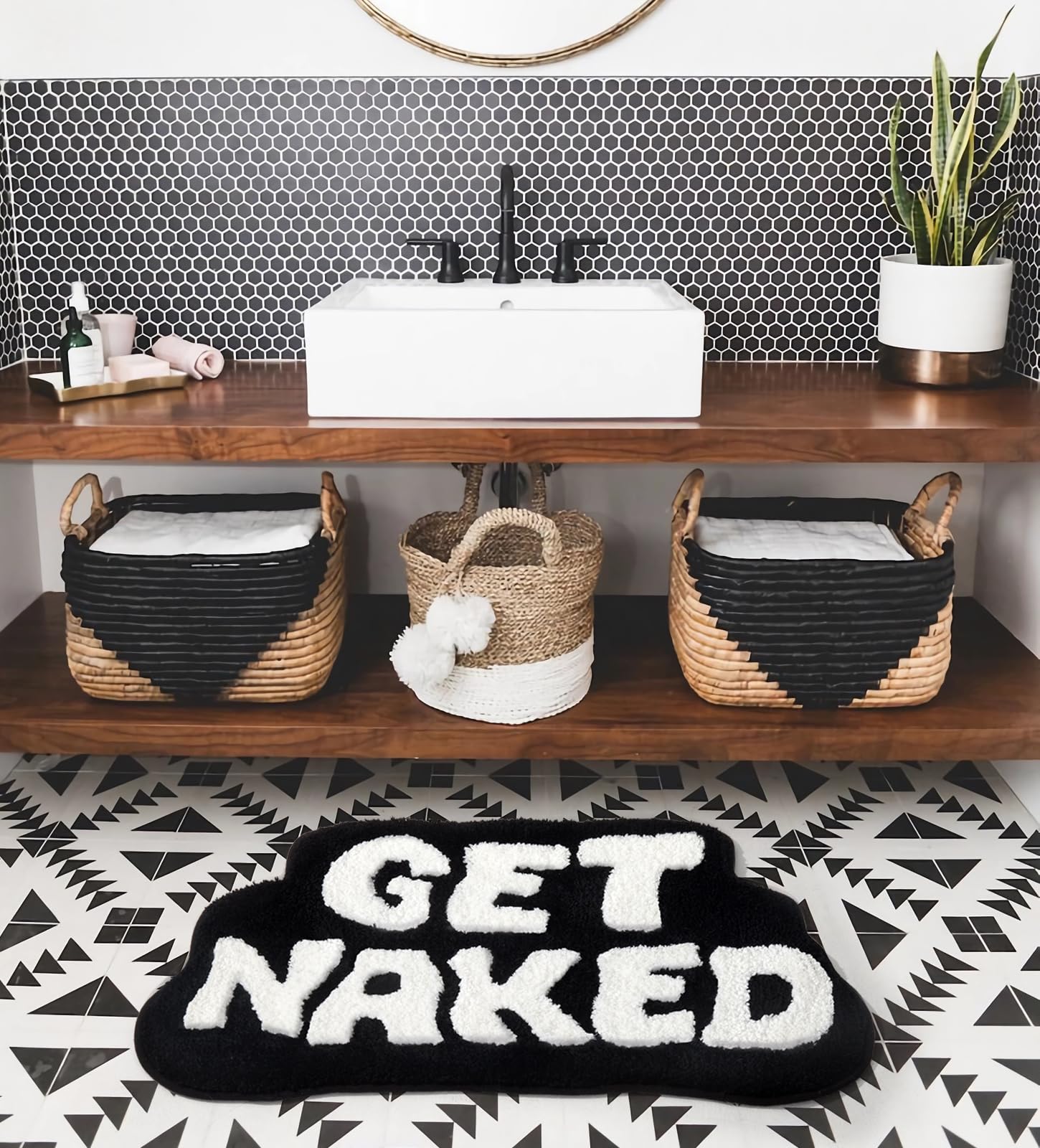 Dyefury Irregular Shaped Get Naked Bath Mat - Funny Bathroom Rugs, Small Cute Bathroom Decor, Non-Slip Black And White Bathroom