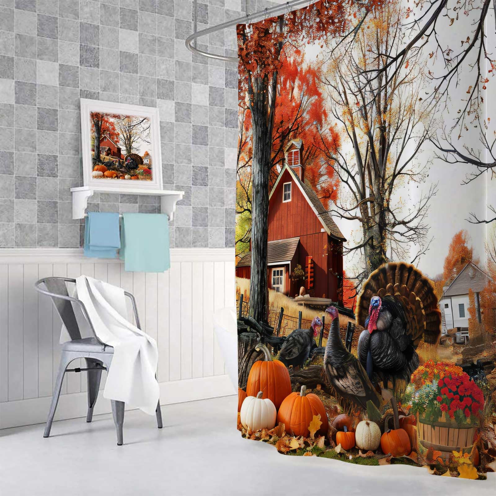 Thanksgiving Day Fall Shower Curtain For Bathroom, Rustic Autumn Farm Turkey Pumpkins Harvest Fabric Shower Curtains Set, Cute V