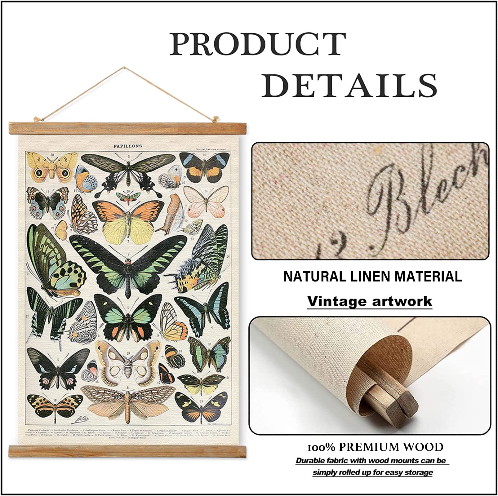 Vintage Butterfly Poster, Rustic Room Aesthetic, Retro Wall Art Prints Without Fading, Printed On Linen With Wood Frames, Ready