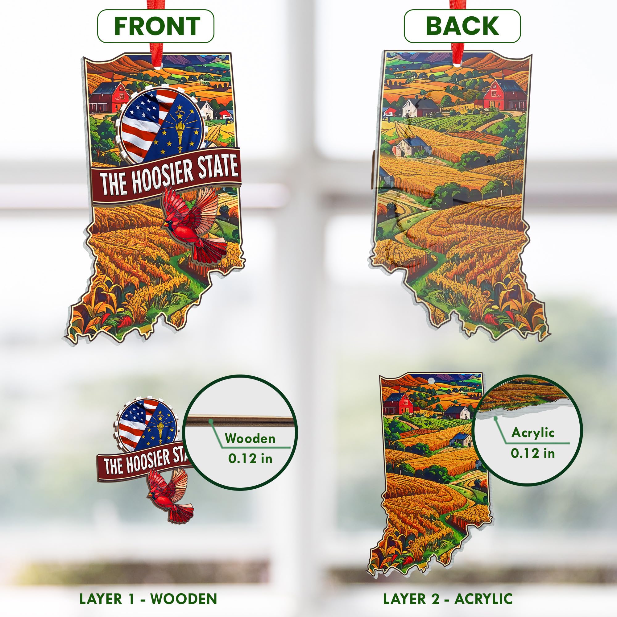 FLAGWIX Christmas Indiana Gifts for Women Men - Suncatcher Christmas Ornaments 2025 with Corn Field and Tulip - Indiana Hoosiers
