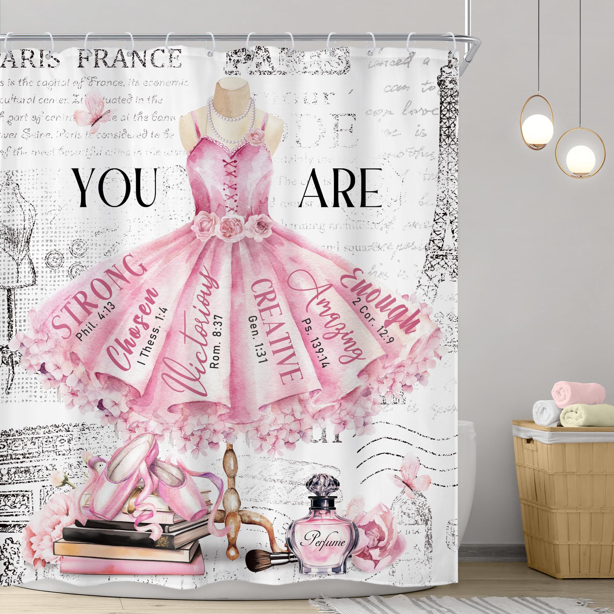 Riyidecor Ballet Dress Pink Shower Curtain 60Wx72H Inch Fashion Girly Paris Modern Girl Ballerina Motivational Quotes Flower Per
