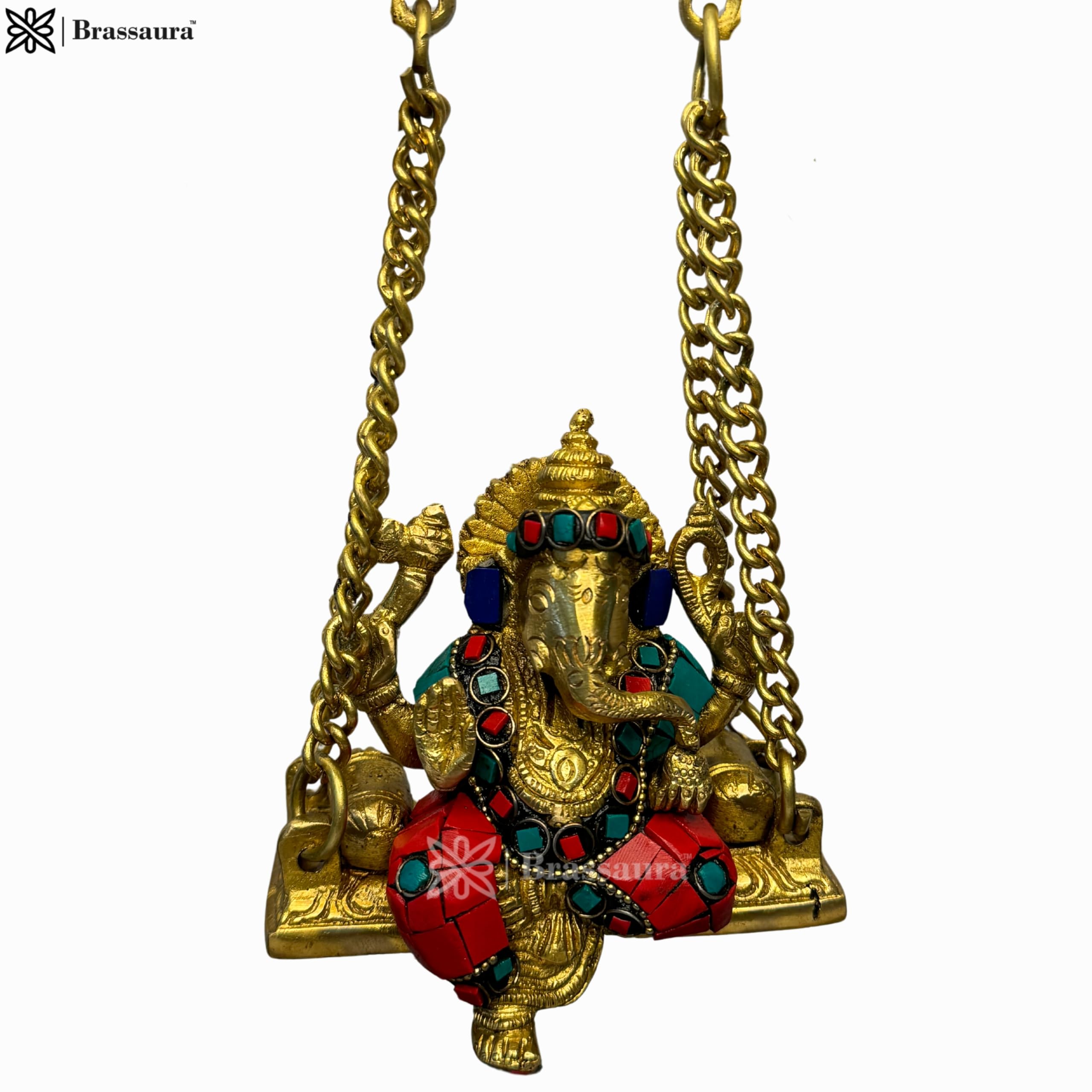 Brassaura Brass Gem Stone Work Ganesha Jhula Statue For Home And Decor Brass Ganesh Murti For Pooja Room Ganpati Idol For Home E