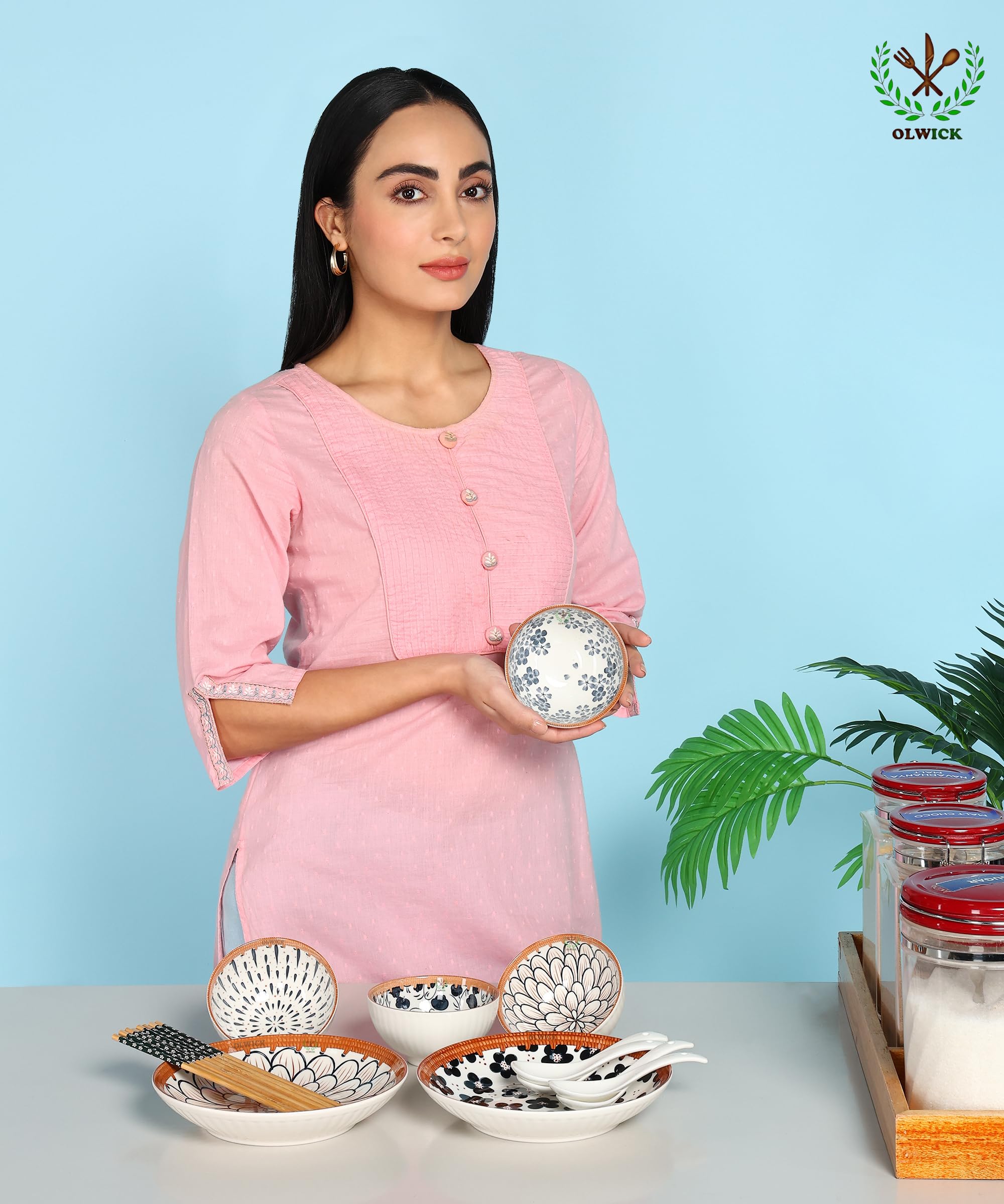 OLWICK 14 Piece Ceramic Bowls and Plates Set for Cereal, Soup, Pasta, Oatmeal, Salad and Rice with Beautiful Gift Box Packed (4B