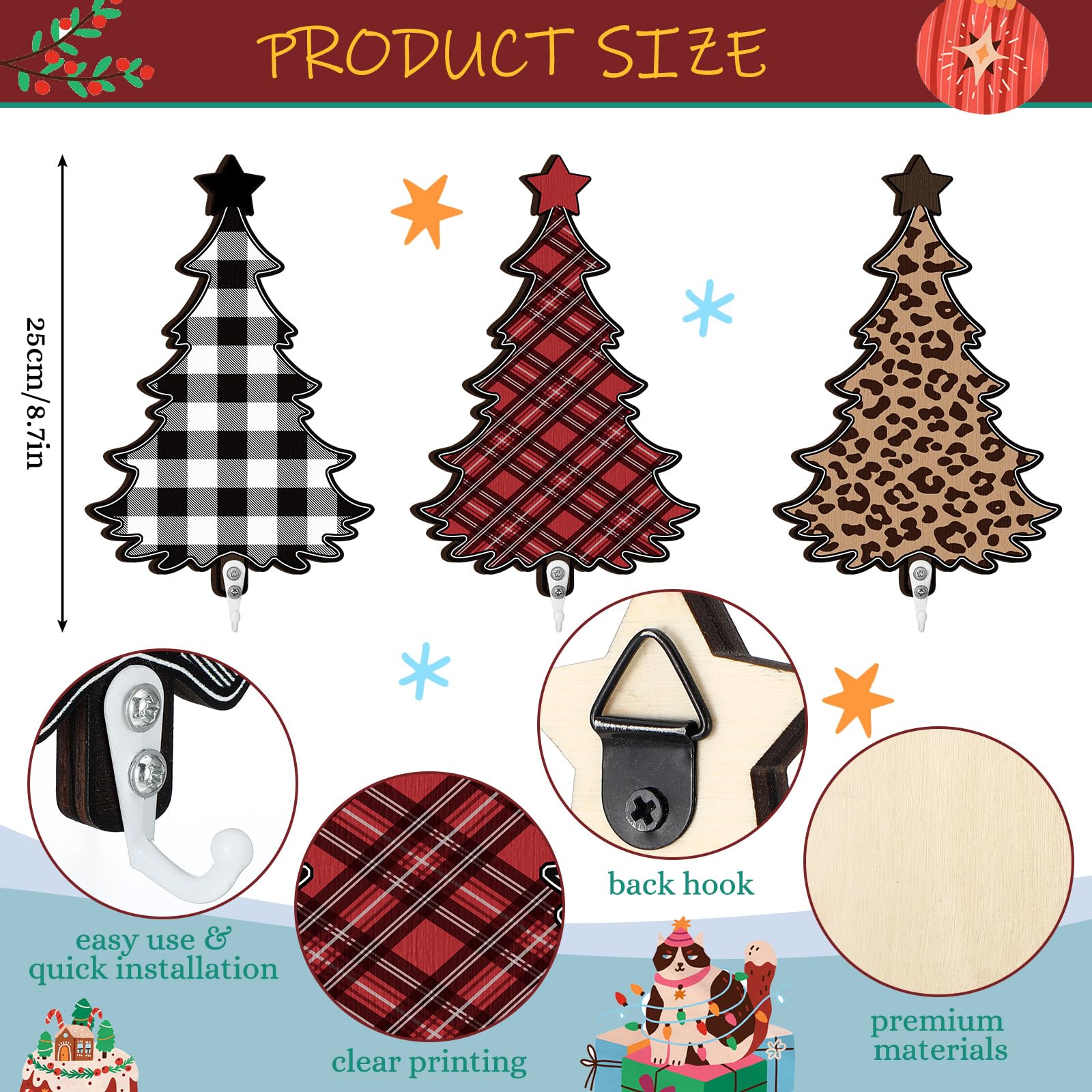 3 Pcs Christmas Stocking Holder Set 8.7 Inches Wooden Christmas Tree Hangers Decorative Xmas Towel Rack Decorative Wall Hook Sto