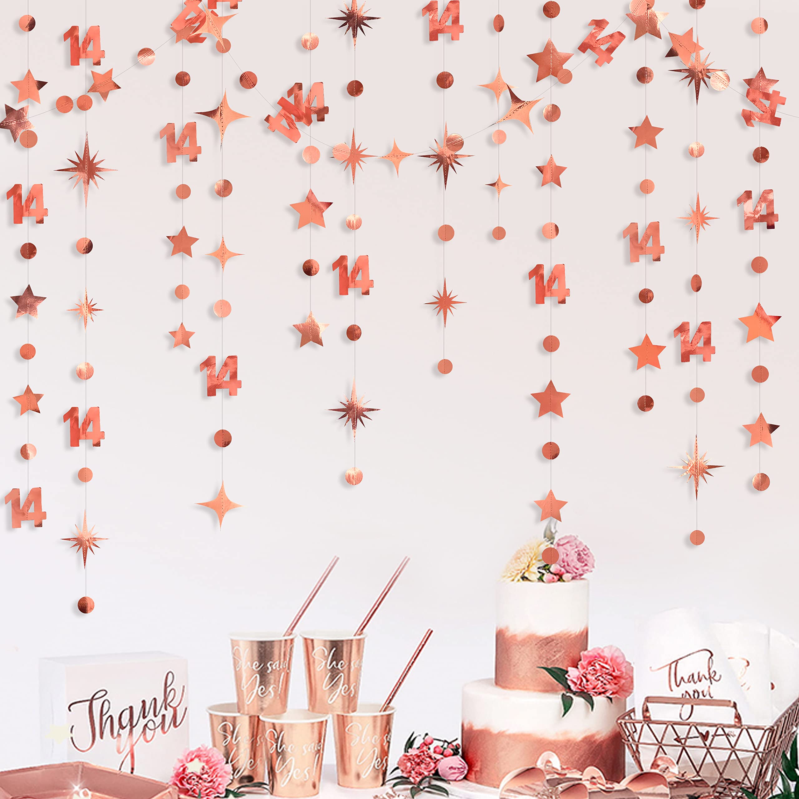 52Ft Rose Gold 14Th Birthday Decorations Number 14 Circle Dot Star Garland Metallic Hanging Streamer Banner Backdrop For Girls H