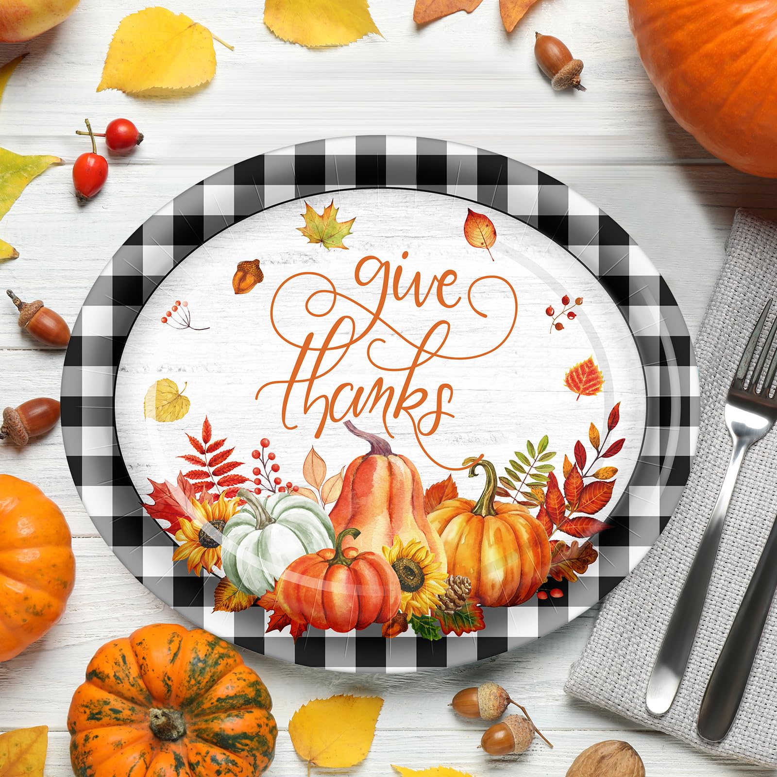 Havawish 100 Pcs Fall Thanksgiving Oval Paper Plates Bulk Pumpkin Dinner Plates Disposable 12 x 10 Inch Paper Dishes for Autumn