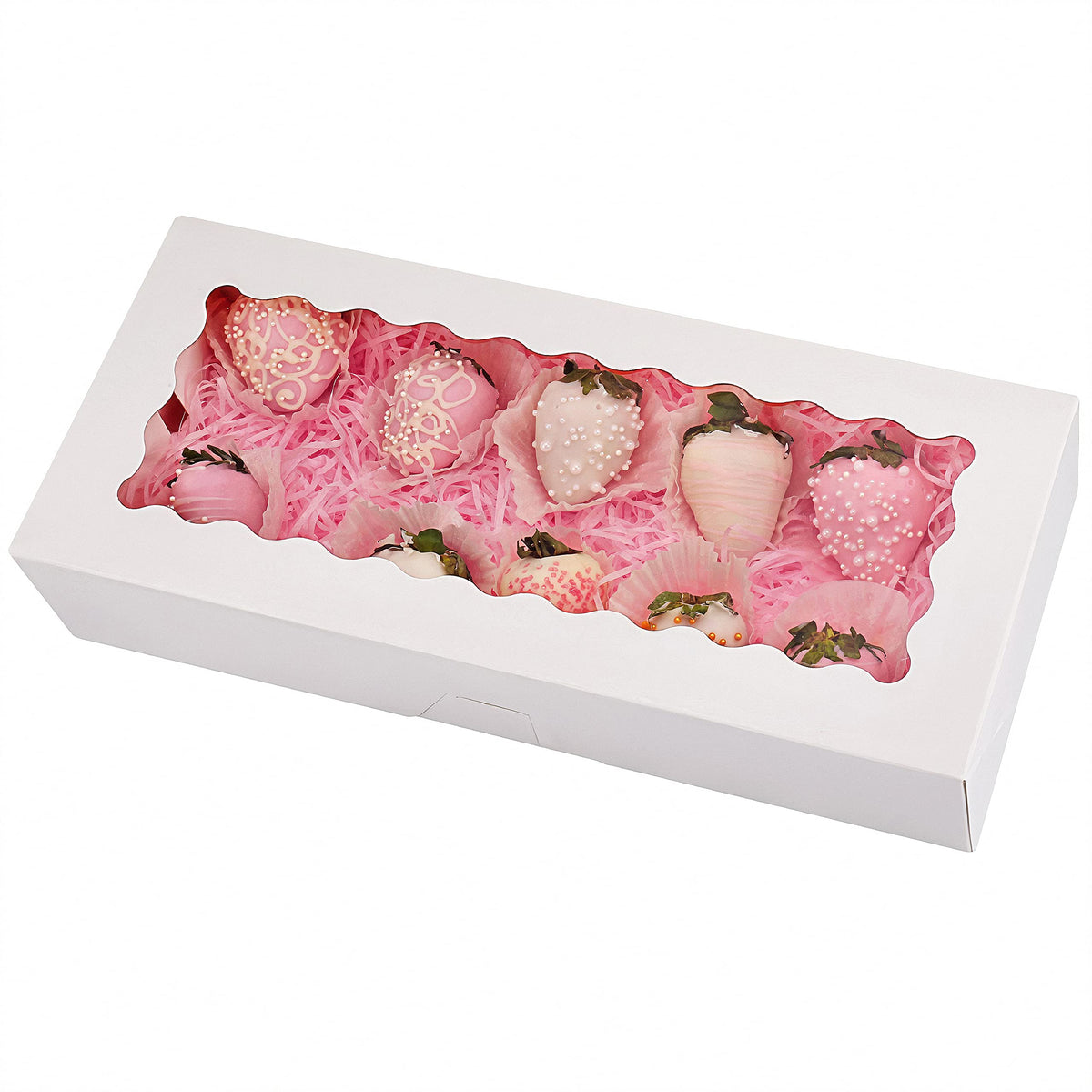 Tcoivs 20-Pack Cookie Boxes With Window, 12.5'' X 5.5'' X 2.5'', White Bakery Boxes, Auto-Popup Treat Boxes For Pastries, Strawb
