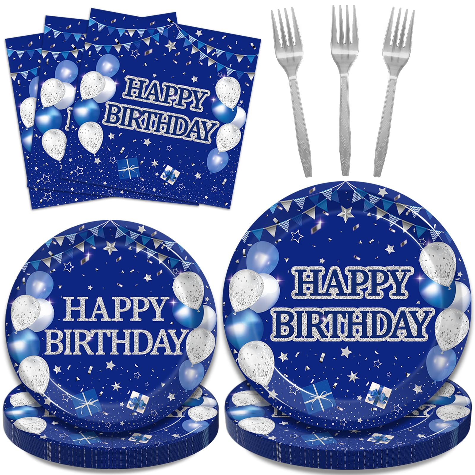 Kepeel 96Pcs Blue Birthday Party Tableware Set, Navy Blue And Silver Birthday Party Decorations Supplies For Men Women Birthday