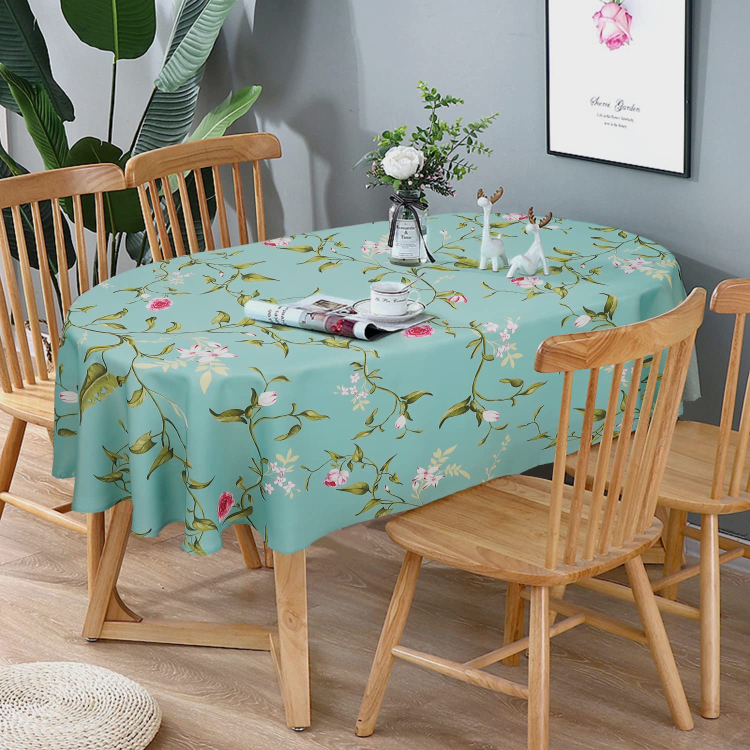 Bnejvif Plum Flower Oval Print Tablecloth, Spring Patterned Oval Tablecloth, Summer Food Network Oval Tablecloth Waterproof Wrin