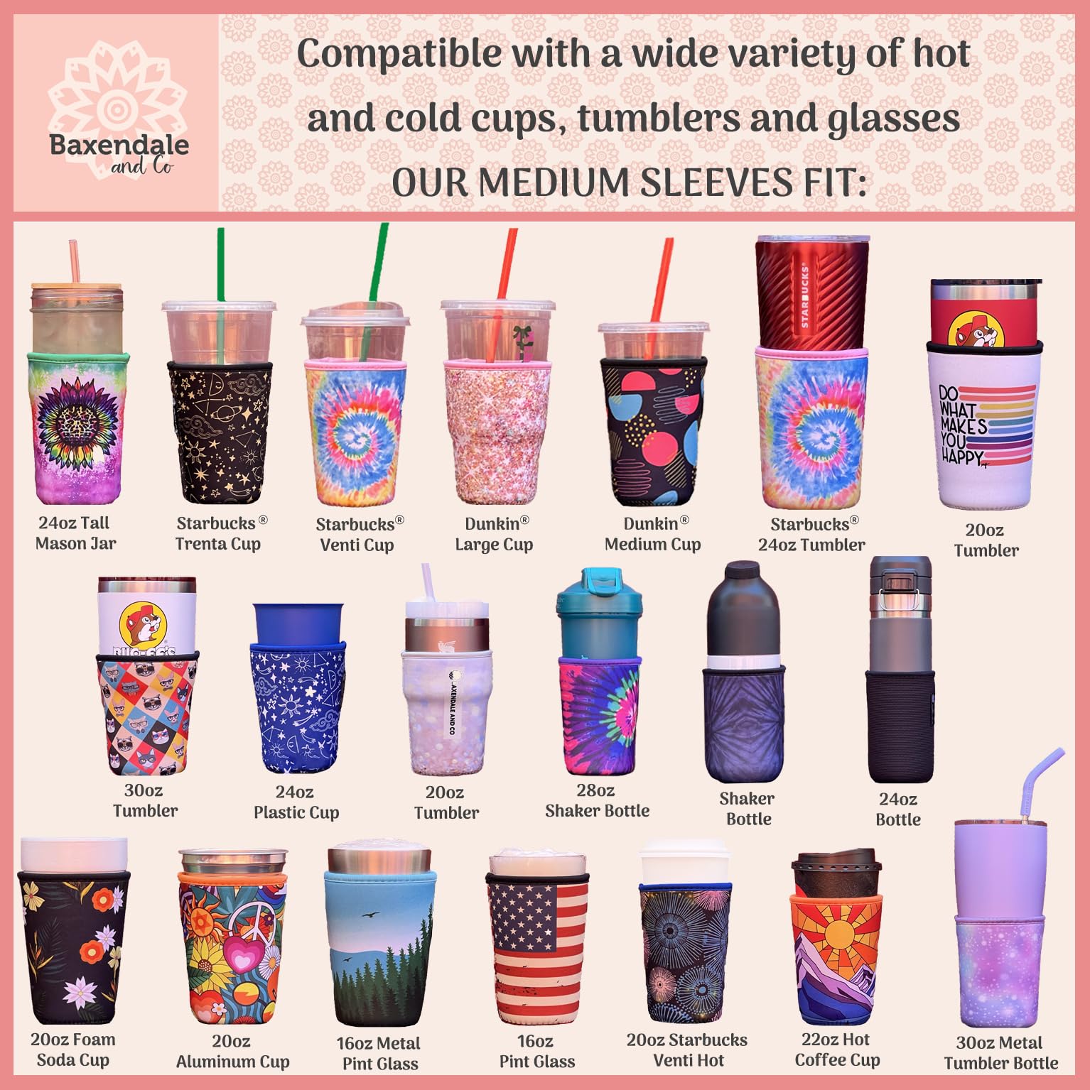 Baxendale Iced Coffee Sleeves For Cold Drink Cups - 4 Pack Reusable Neoprene Iced Beverage Cup Sleeve For Hot & Cold Drinks, Com