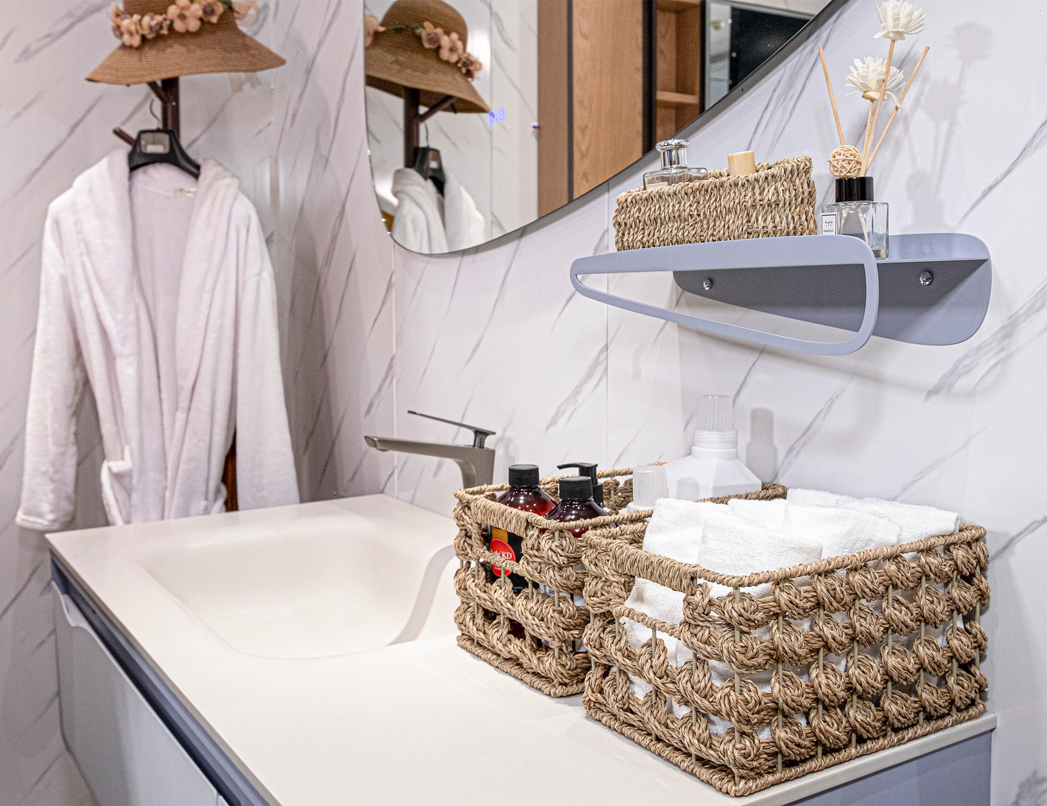 Ellinia Wicker Storage Baskets, Seagrass Baskets For Counter Organizing, Handwoven Rectangular Baskets For Shelves, 11 X 7.5 X 6