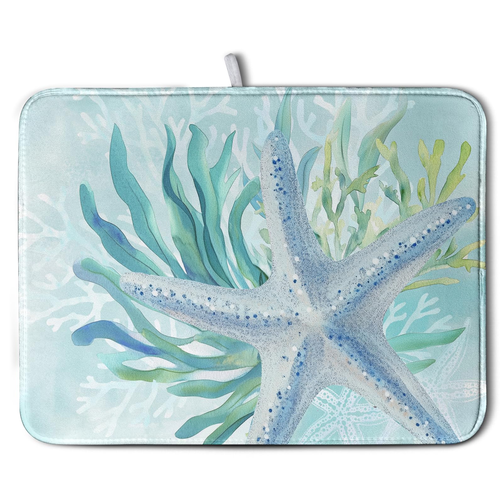 Summer Coastal Dish Drying Mats for Kitchen Counter Nautical Beach Starfish Coral Drying Pad Ocean Teal Blue Dish Draining Mats 