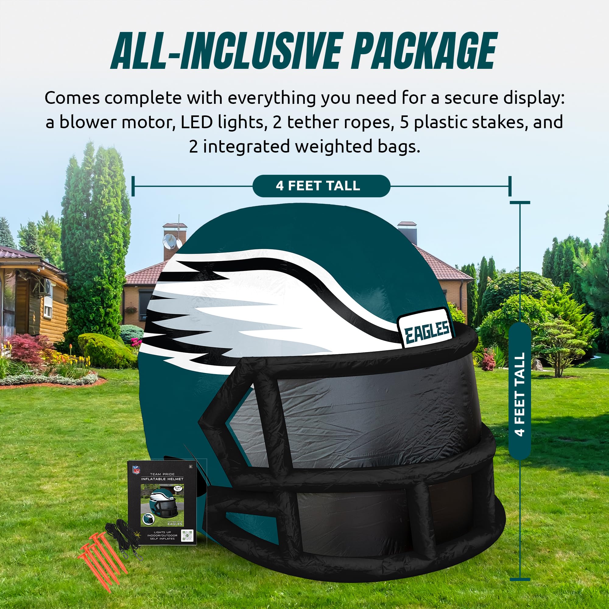 Sporticulture NFL Philadelphia Eagles 4ft Inflatable Helmet with LED Lights & Built-in Blower - Merchandise Decor Ideal for Lawn