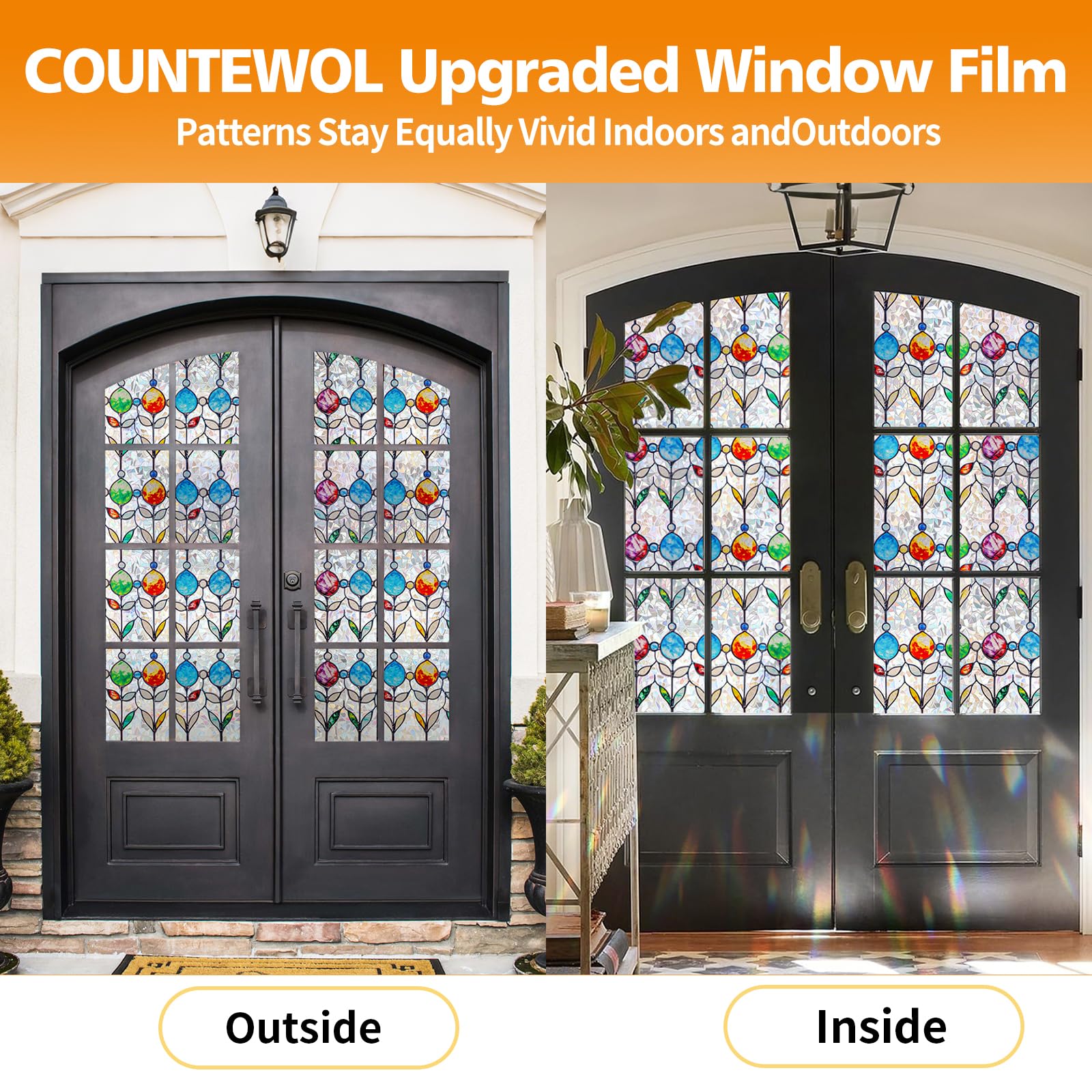 Countewol Rainbow Privacy Window Film Stained Glass Style Adhesive-Free Residue-Free Reusable Easy to Install with Tools (Rainbo