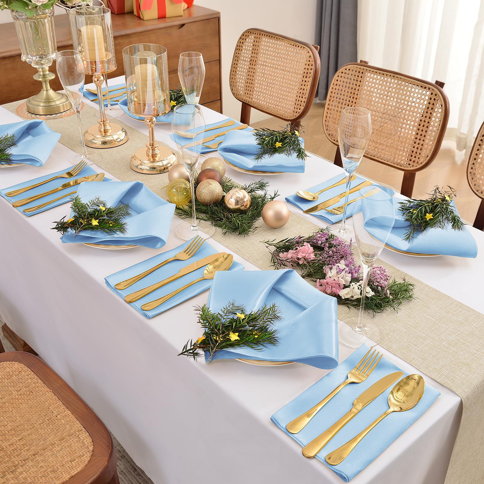 Eychei 50 Pieces Light Blue Satin Napkins, 17'' X 17'' Square Table Napkins, Silky Soft Smooth Washable Napkins For Restaurant,