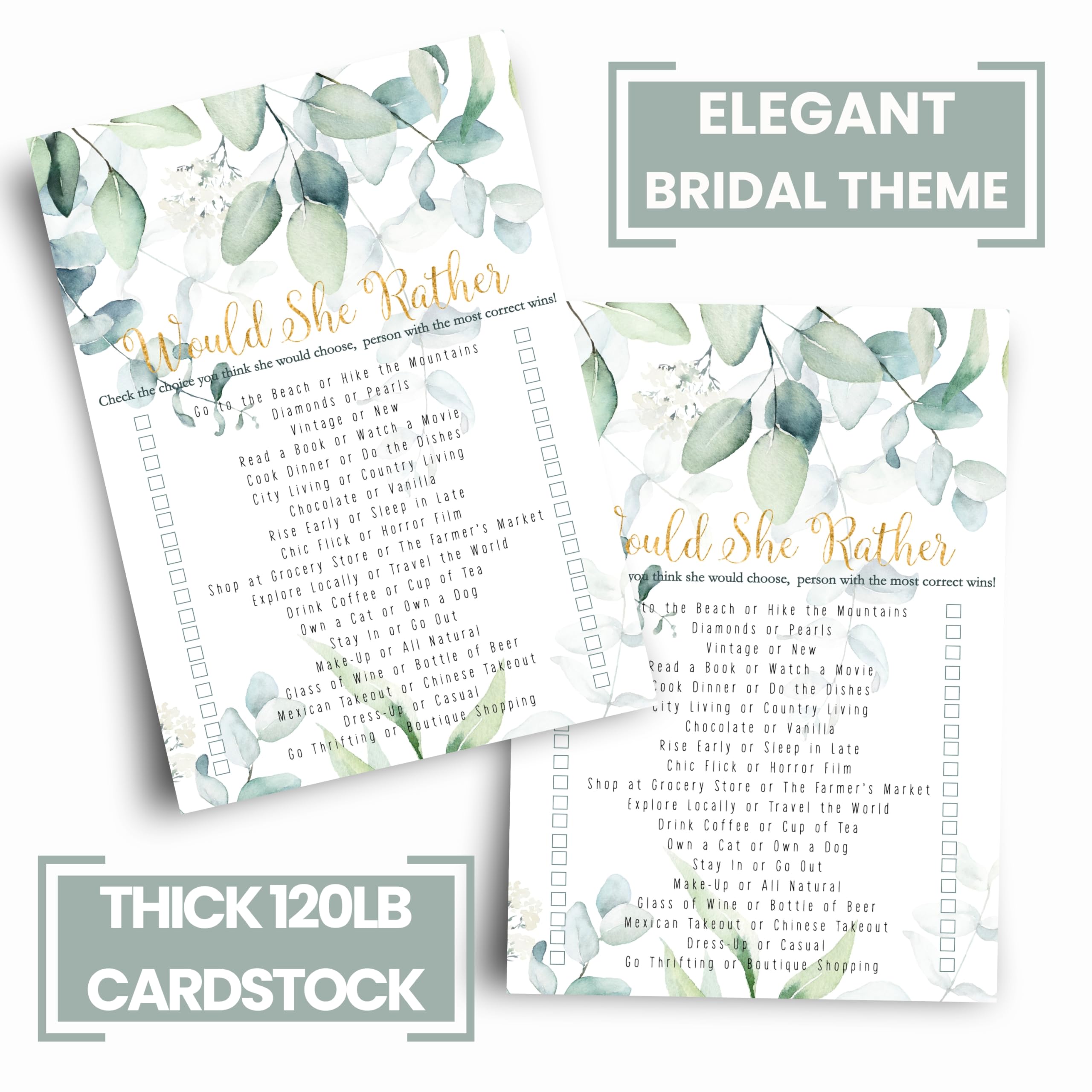 Greenery Bridal Shower Games - 25 Cards - Who Knows The Bride Best & Would She Rather - Rustic Botanical Designs For Wedding Rec