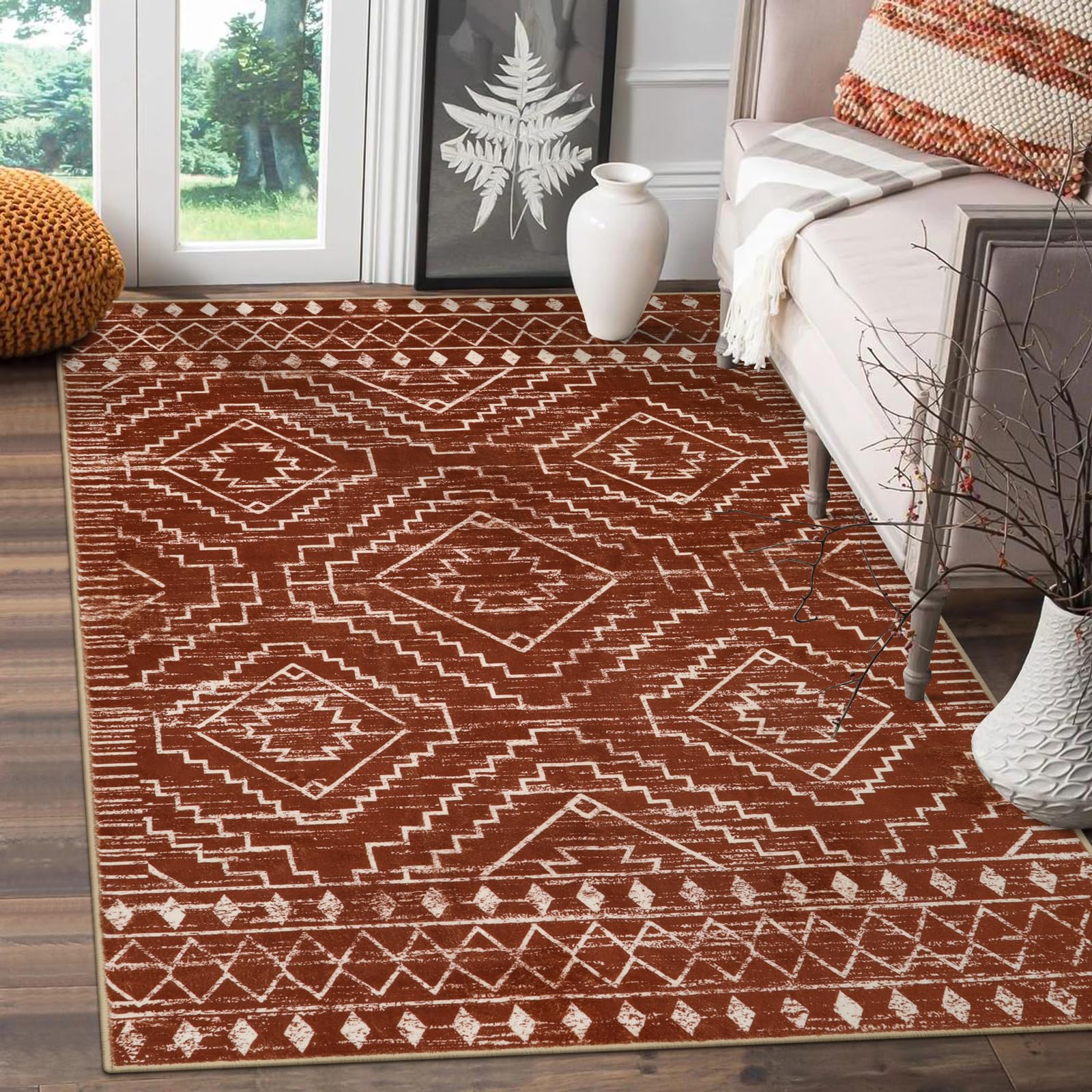 Wonnitar Moroccan Washable Area Rug, 3x5 Non-Slip Rugs for Living Room, Geometric Tribal Kitchen Entry Throw Mat, Soft Low Pile 