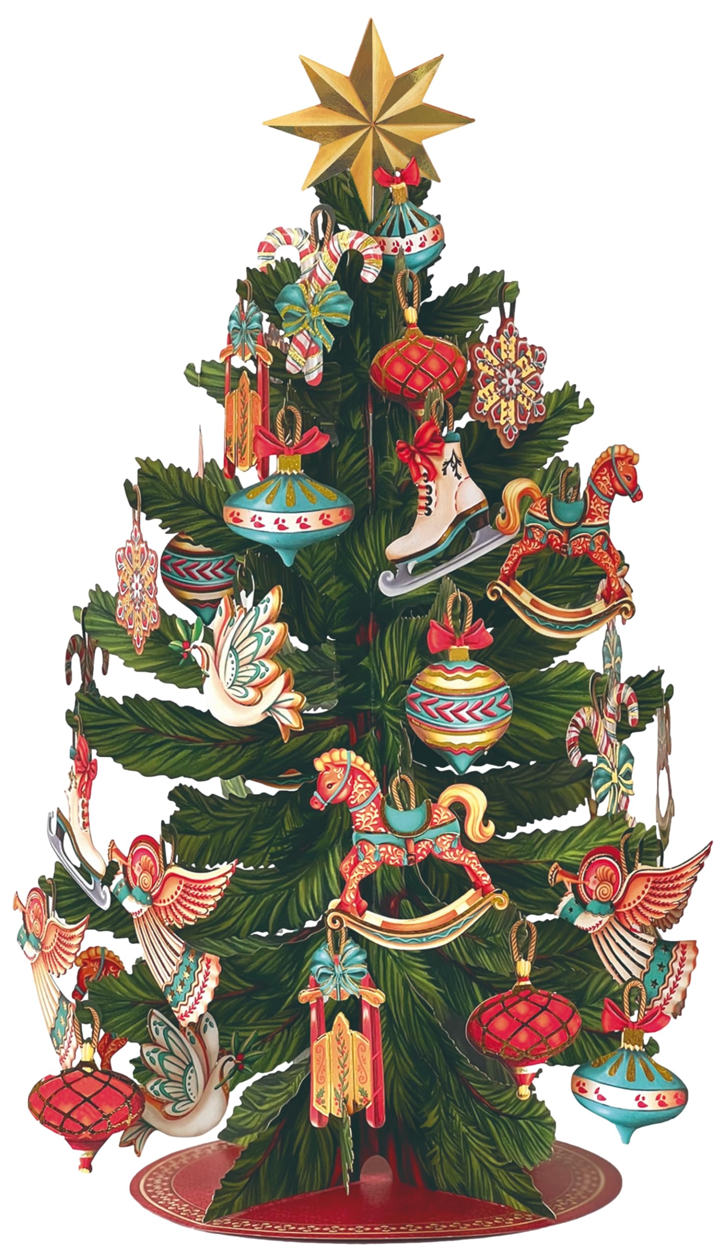 Freshcut Paper Pop Up Christmas Tree, 15 inch Holiday Tree Decoration & Centerpiece with Rustic Removable Ornaments, 3D Popup Tr