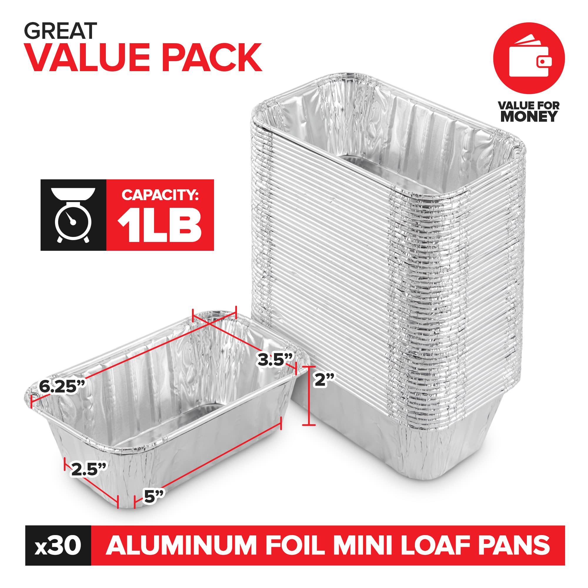 Stock Your Home 1 Lb Aluminum Foil Mini Loaf Pans (30 Pack) Disposable Small Loaf Pan - 1 Pound Baking Tin Liners, Perfect To Ba