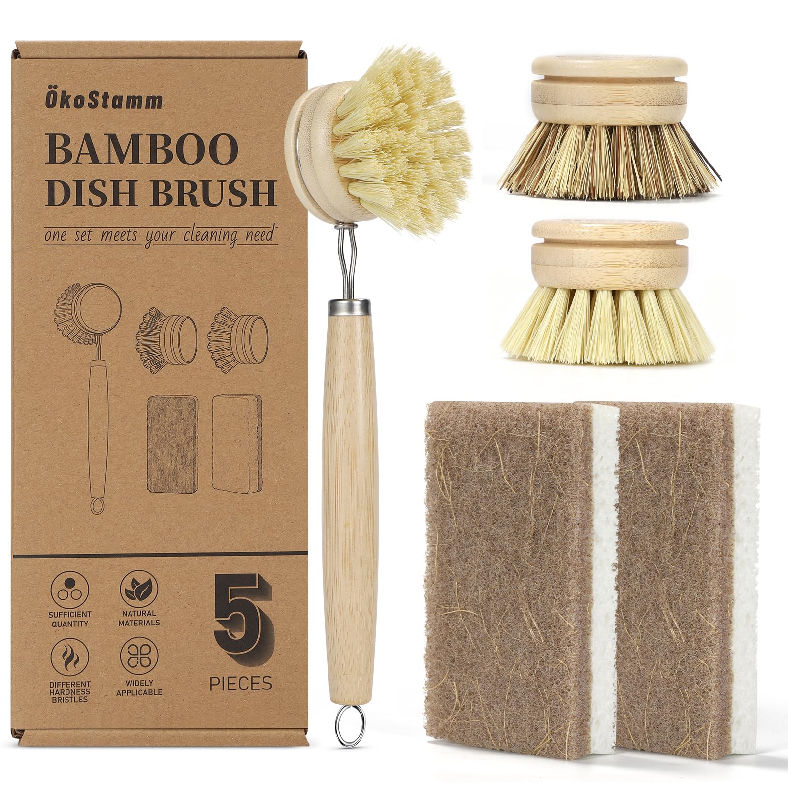 koStamm 5 PCS Long Handle Bamboo Dish Brush with 2 Natural Dish Sponges