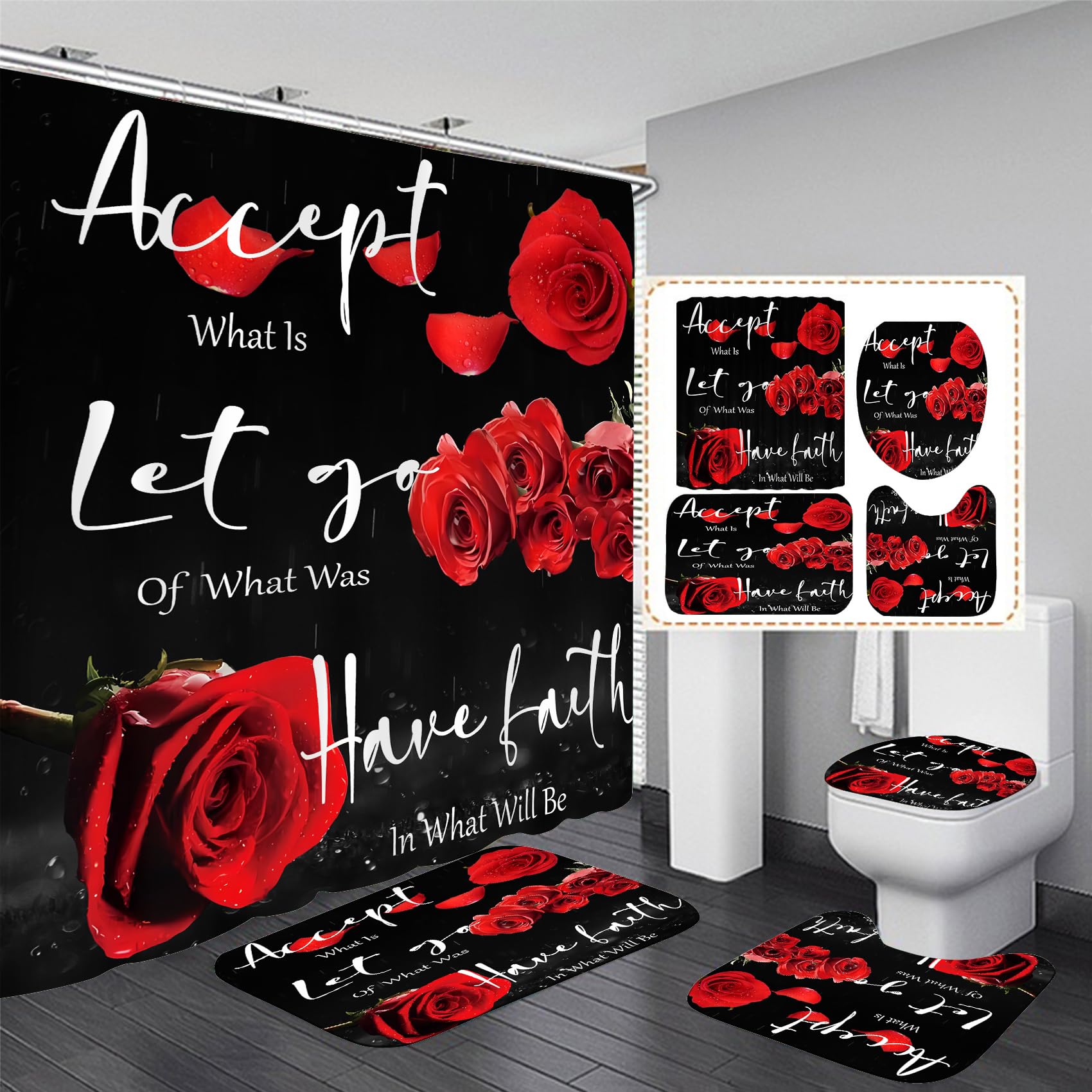 Yddsky 4 Pcs Red Rose Shower Curtain Sets Non-Slip Rugs Bath Mat Toilet Cover U Shaped Mat Thankful Grateful Blessed Black Red S