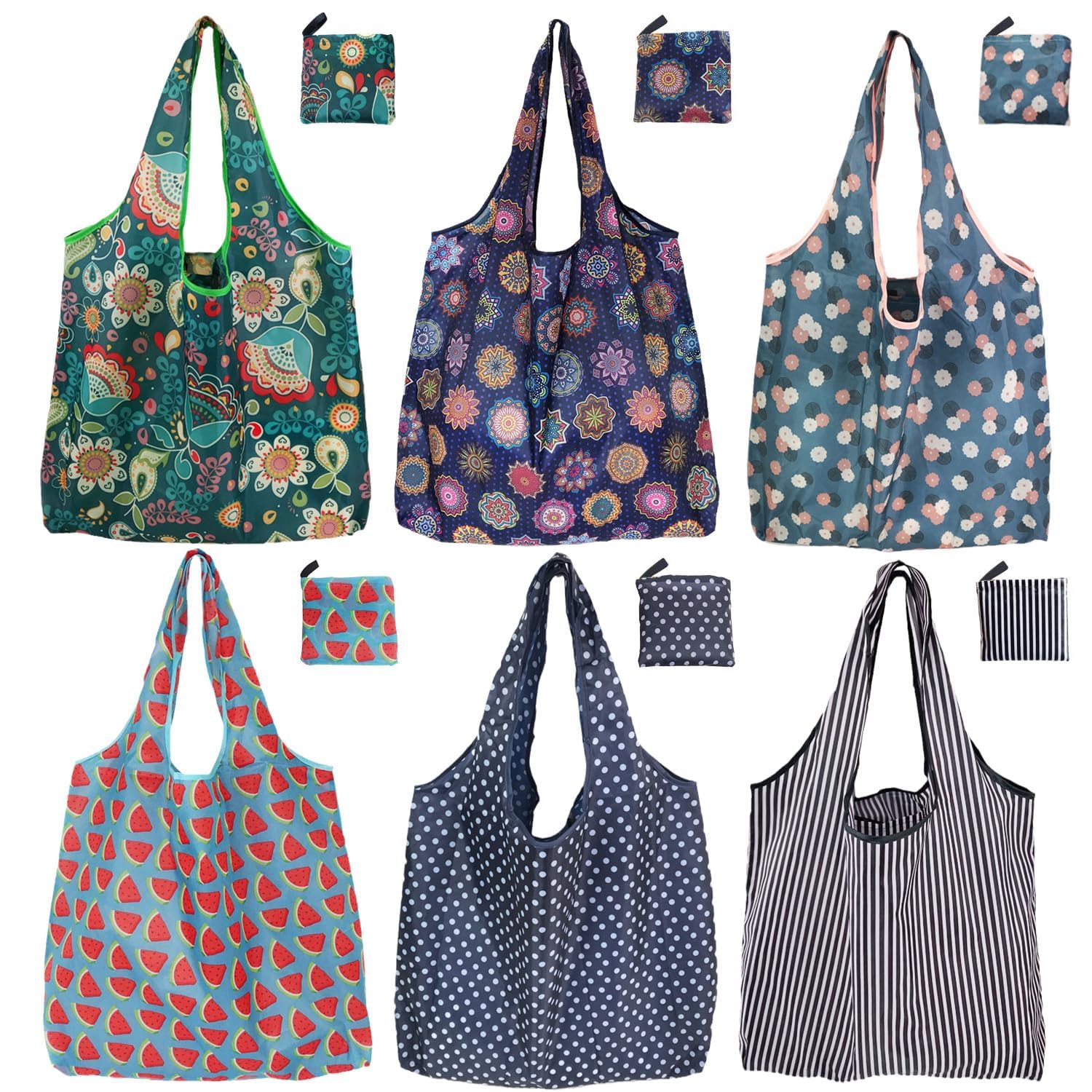 Noilk Reusable Grocery Bags, 6 Pack 50Lbs Foldable Fashion Washable Shopping Bags, Large Boho Tote Bags For Groceries, Bulk Mark